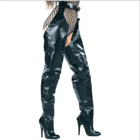 Black High Heel Belt Thigh High Boots
