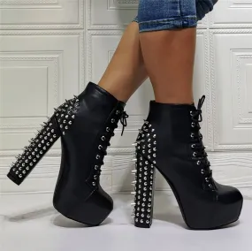 Black PU Platform Rivet High Heel Ankle Boots