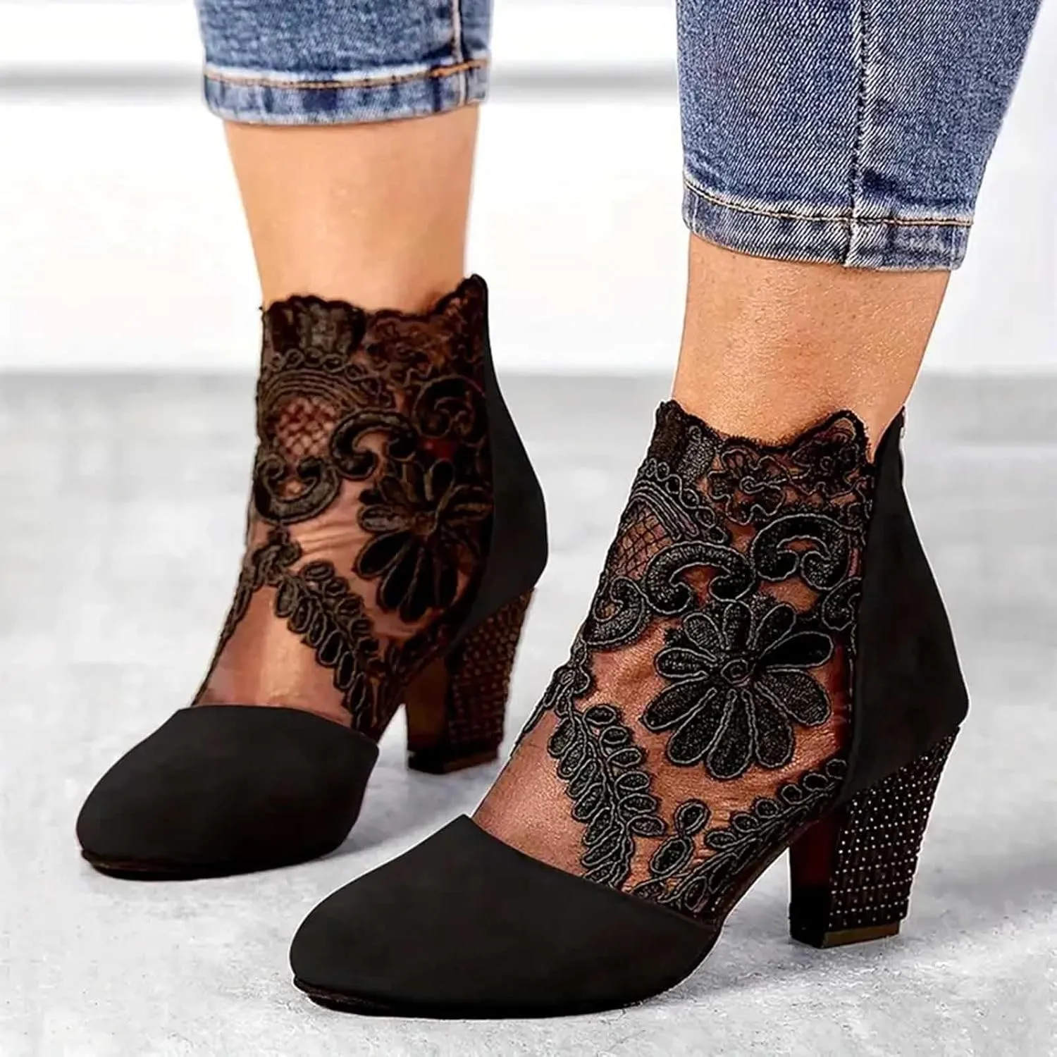 Boots for Women Ankle Booties Back Zipper Chunky Heel Summer Dress Shoes Floral & Lace Mesh Breathable Shoes
