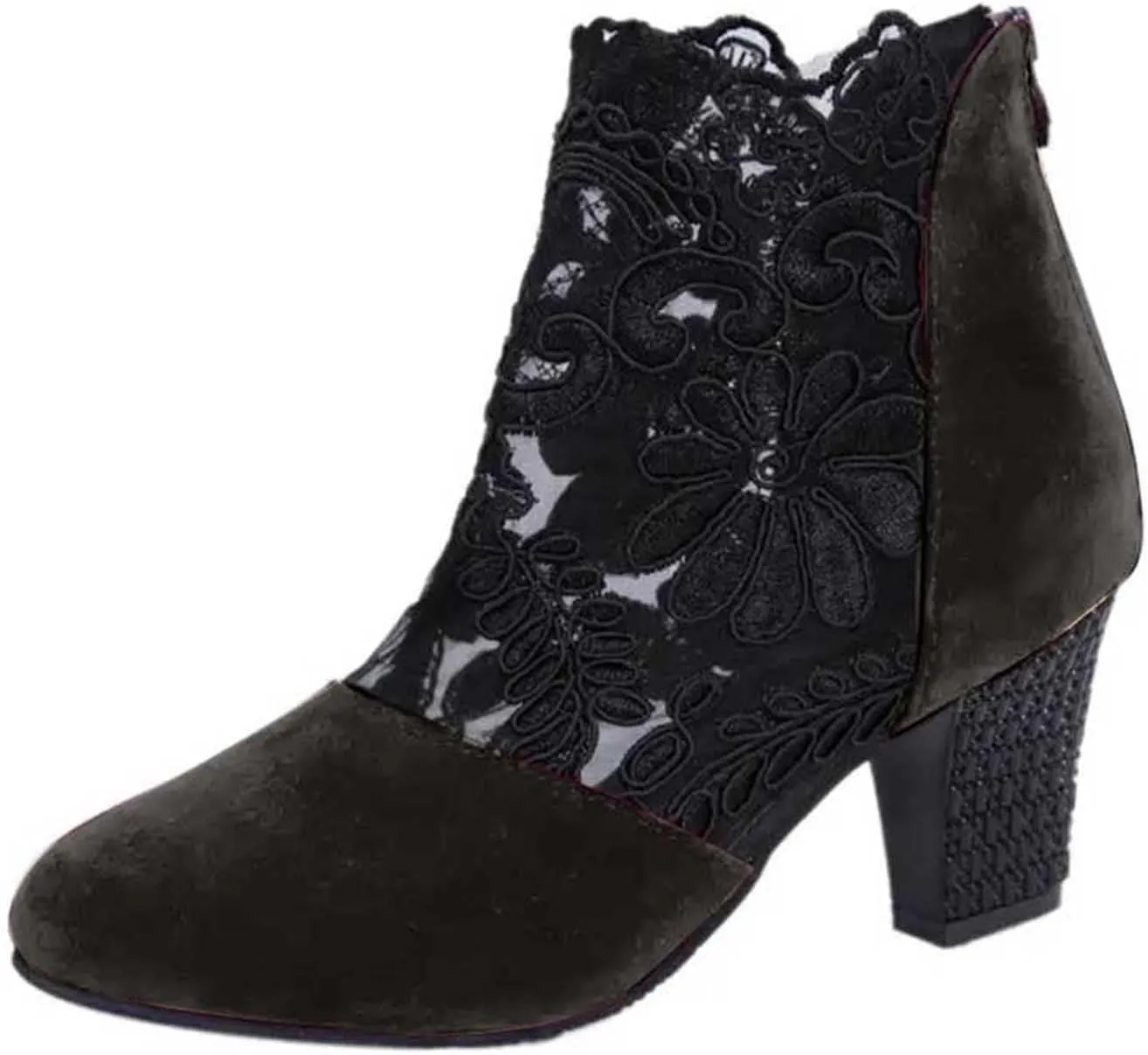 Boots for Women Ankle Booties Back Zipper Chunky Heel Summer Dress Shoes Floral & Lace Mesh Breathable Shoes