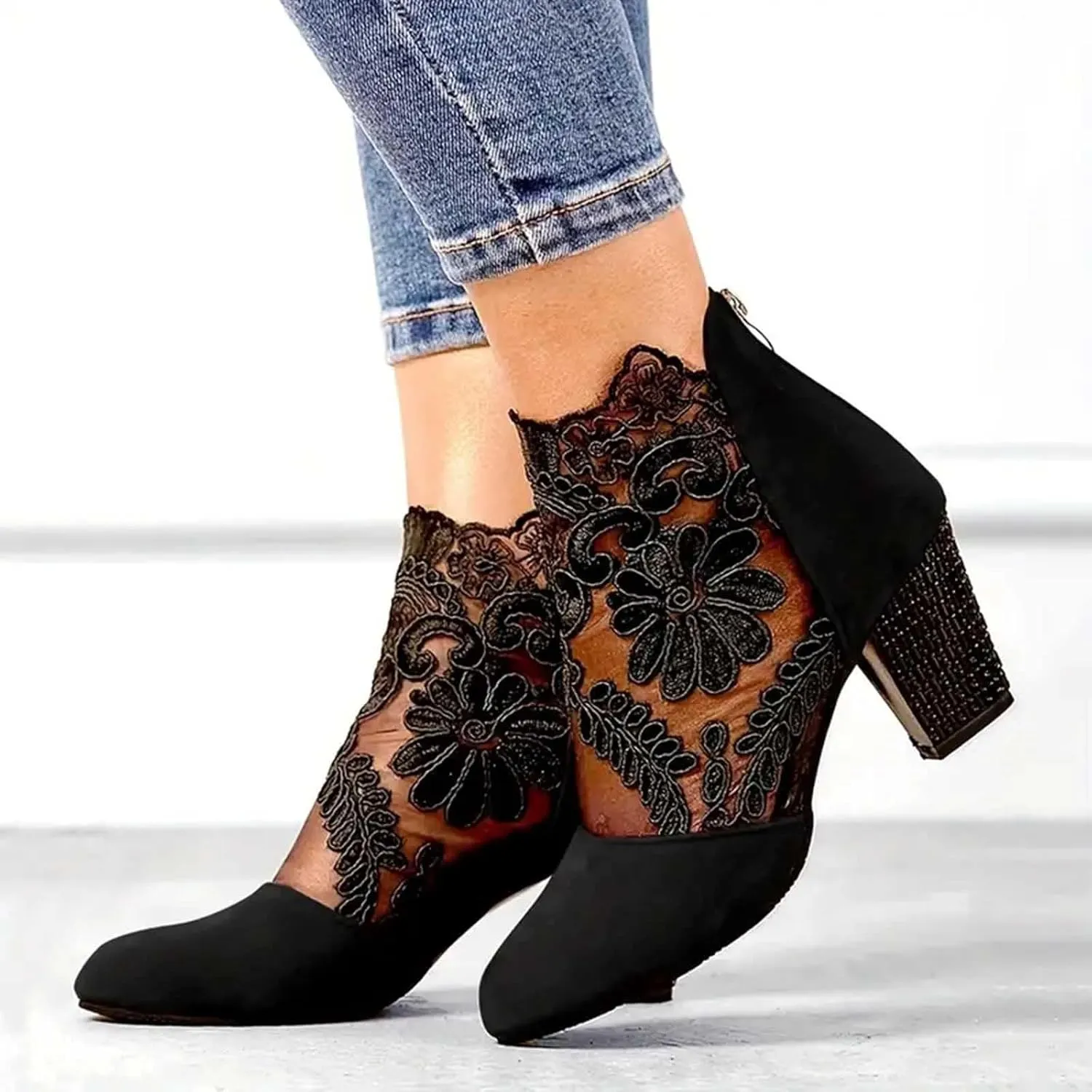 Boots for Women Ankle Booties Back Zipper Chunky Heel Summer Dress Shoes Floral & Lace Mesh Breathable Shoes