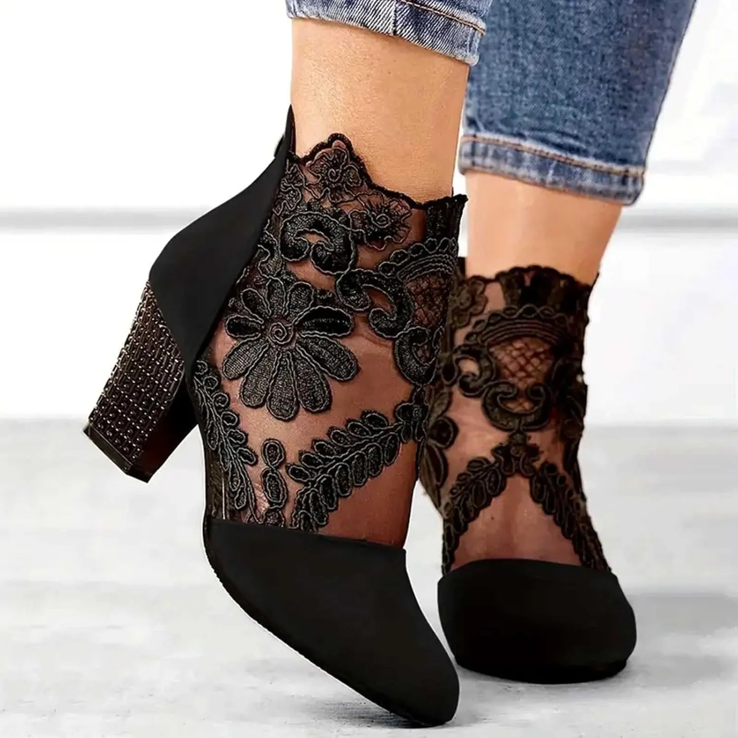 Boots for Women Ankle Booties Back Zipper Chunky Heel Summer Dress Shoes Floral & Lace Mesh Breathable Shoes