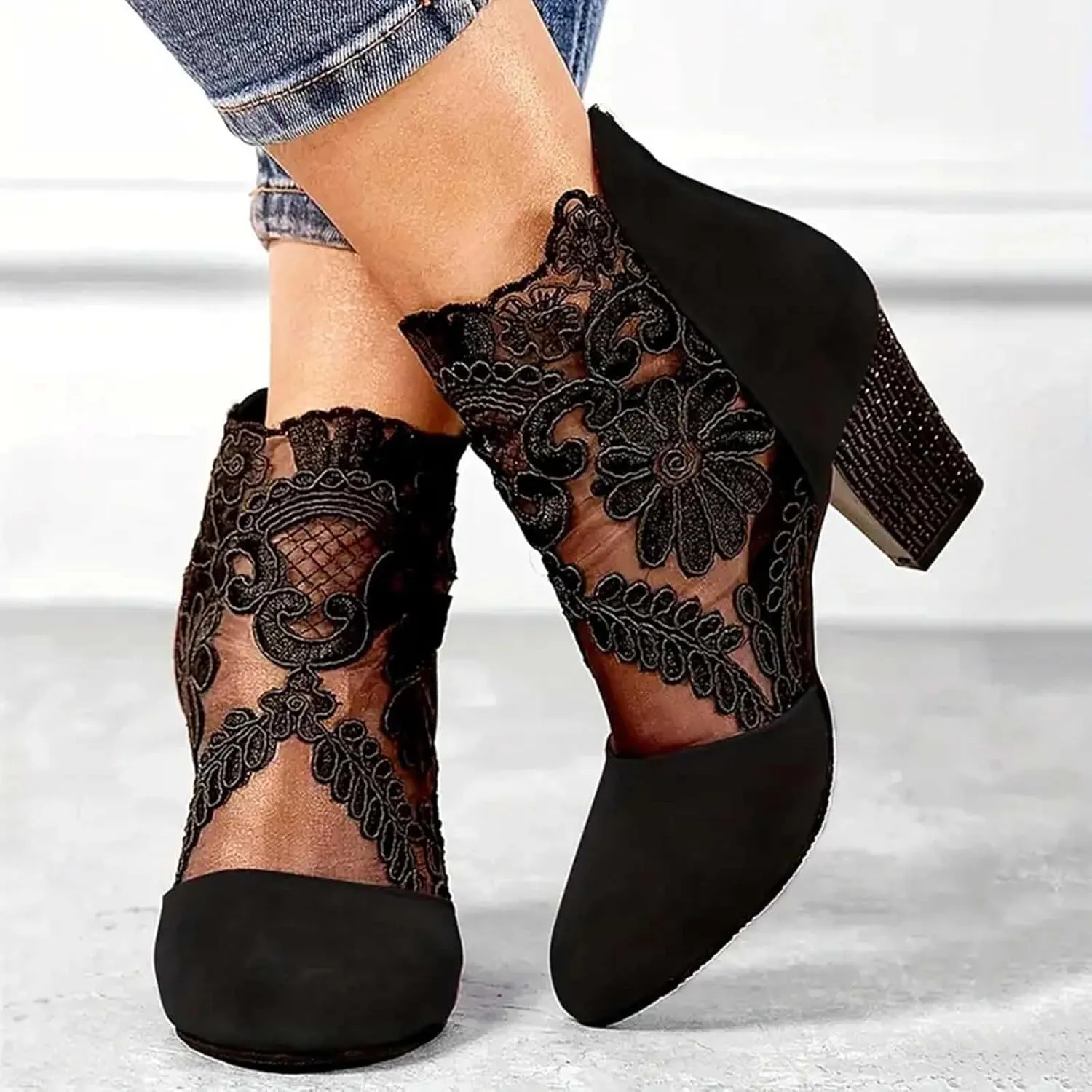 Boots for Women Ankle Booties Back Zipper Chunky Heel Summer Dress Shoes Floral & Lace Mesh Breathable Shoes