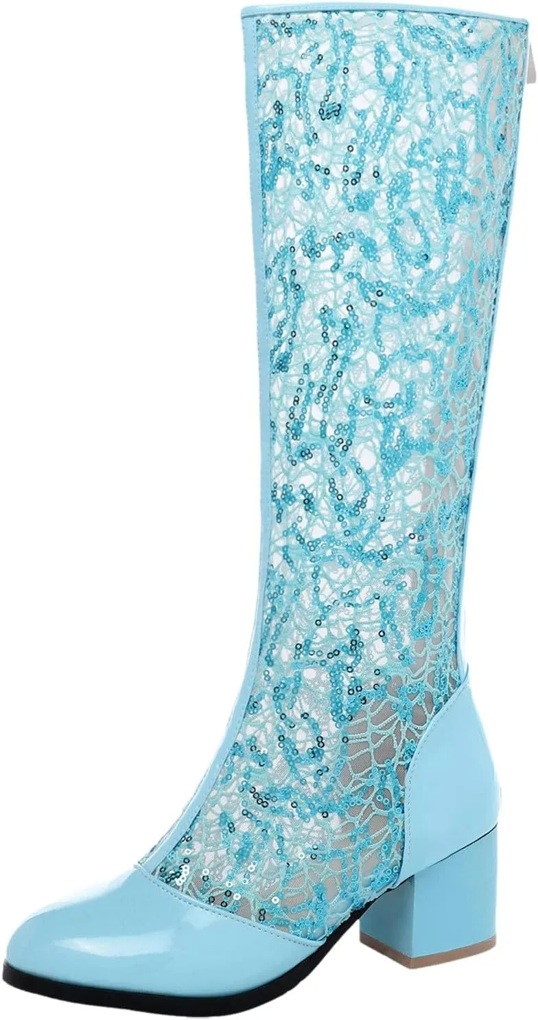 Boots for Women Round Toe Chunky Heel Lace Hollow Mid Calf Boots Trendy Breathable Womens Boots with Zipper