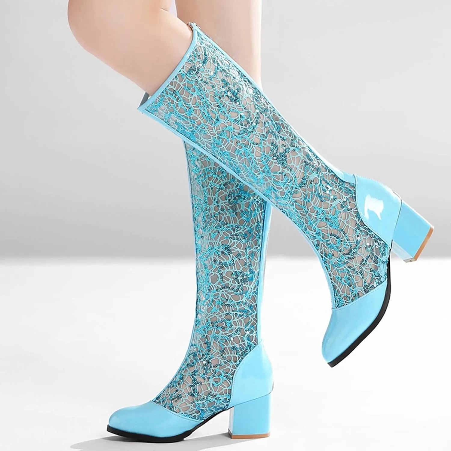 Boots for Women Round Toe Chunky Heel Lace Hollow Mid Calf Boots Trendy Breathable Womens Boots with Zipper