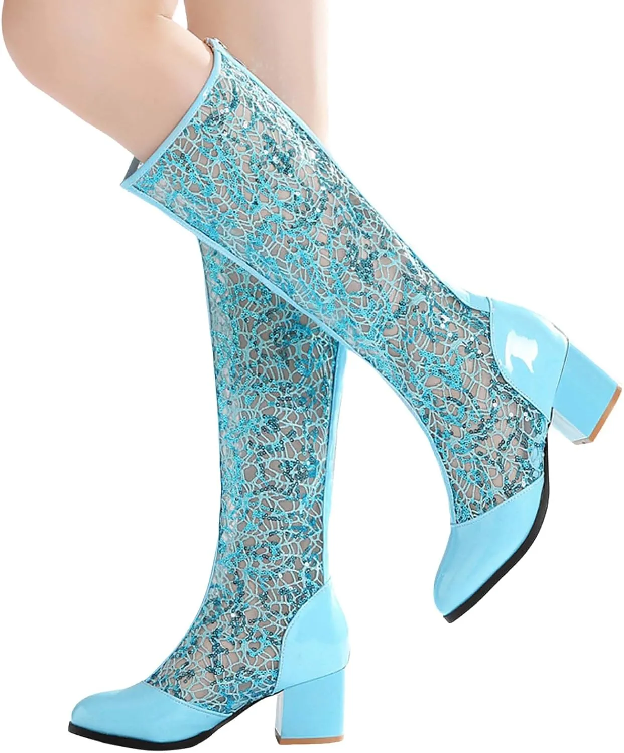 Boots for Women Round Toe Chunky Heel Lace Hollow Mid Calf Boots Trendy Breathable Womens Boots with Zipper