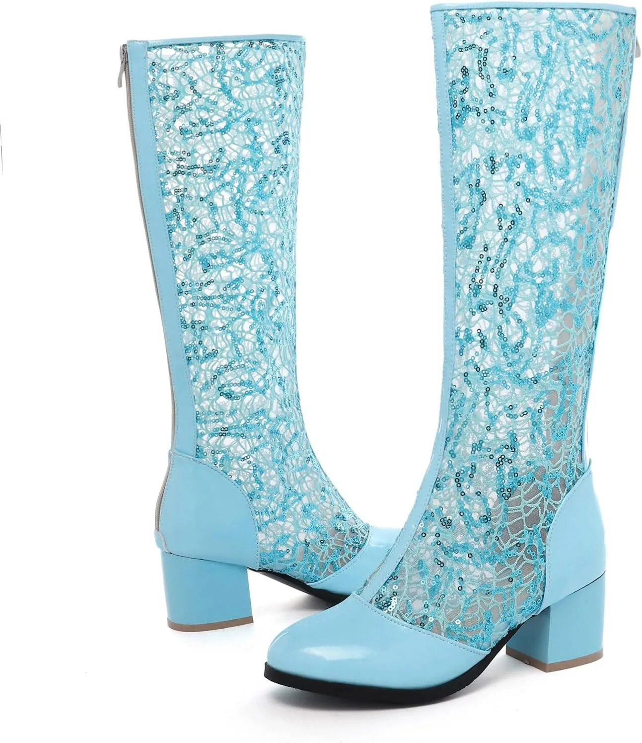 Boots for Women Round Toe Chunky Heel Lace Hollow Mid Calf Boots Trendy Breathable Womens Boots with Zipper