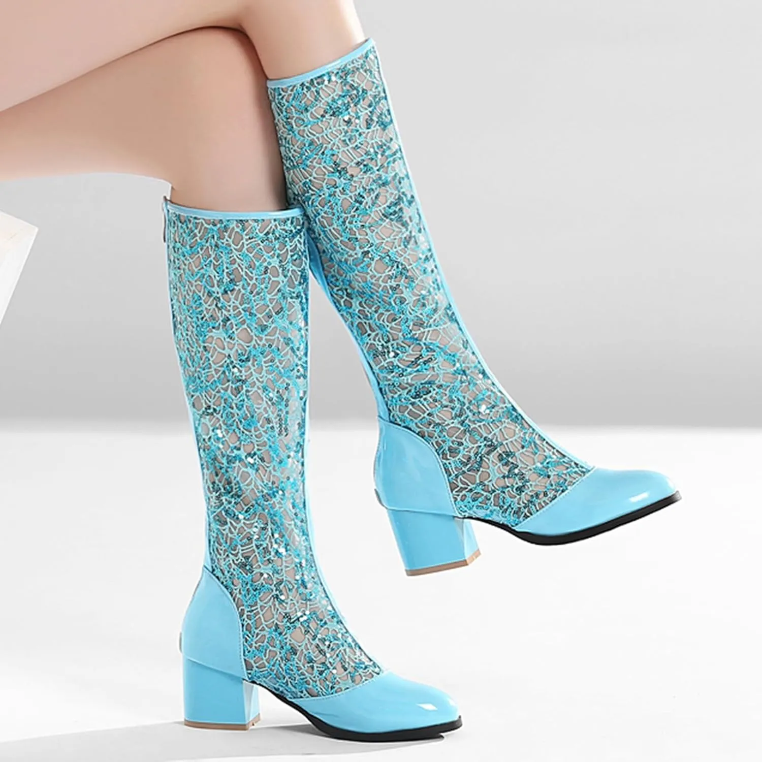 Boots for Women Round Toe Chunky Heel Lace Hollow Mid Calf Boots Trendy Breathable Womens Boots with Zipper
