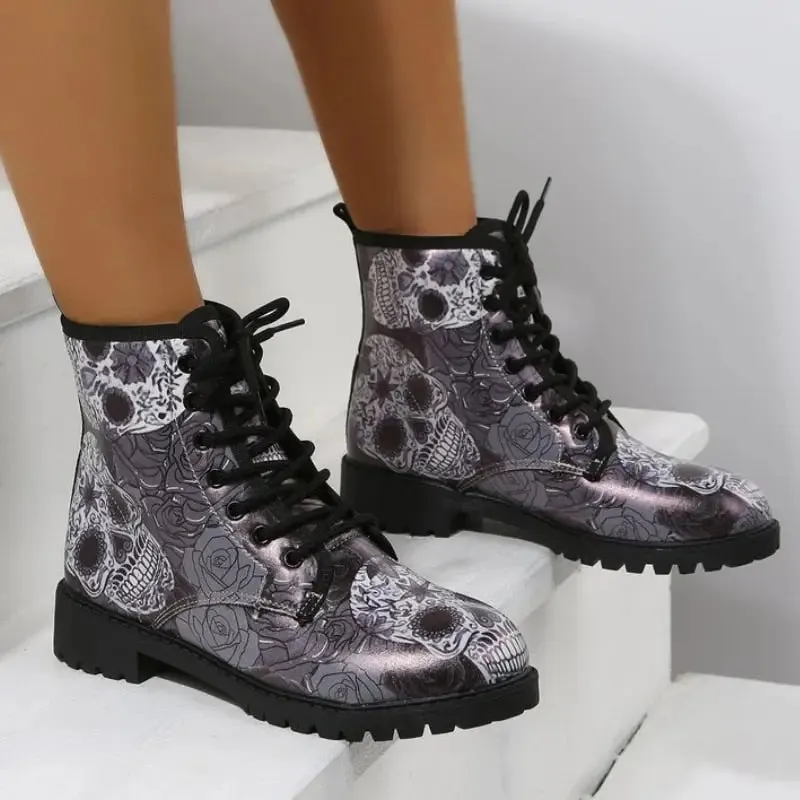 Butterfly And Skull Metallic Colors Short Boots