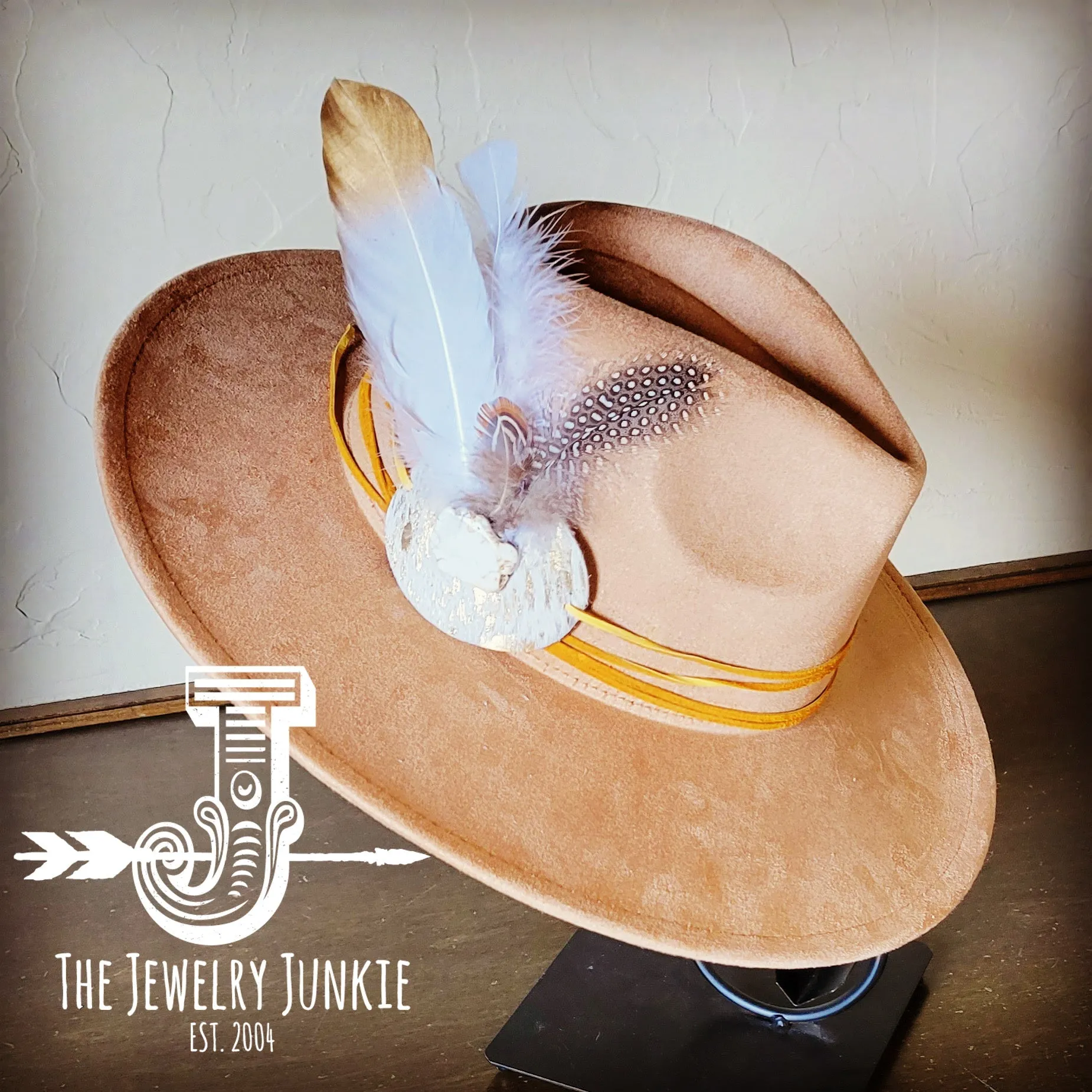 Cream Metallic Feather & Turquoise Slab Hat Band   Choice of Hat 986c