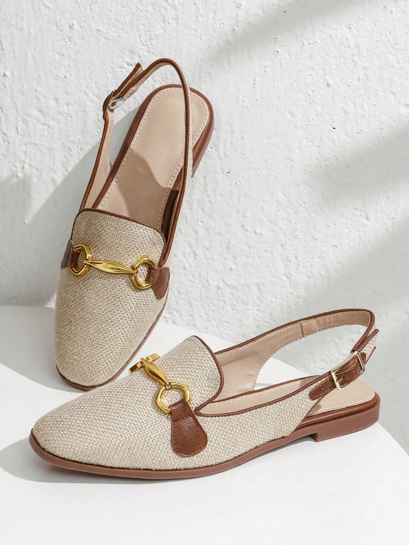 Fashion Apricot Flats For Women, Metal Decor Linen Slingback Flats