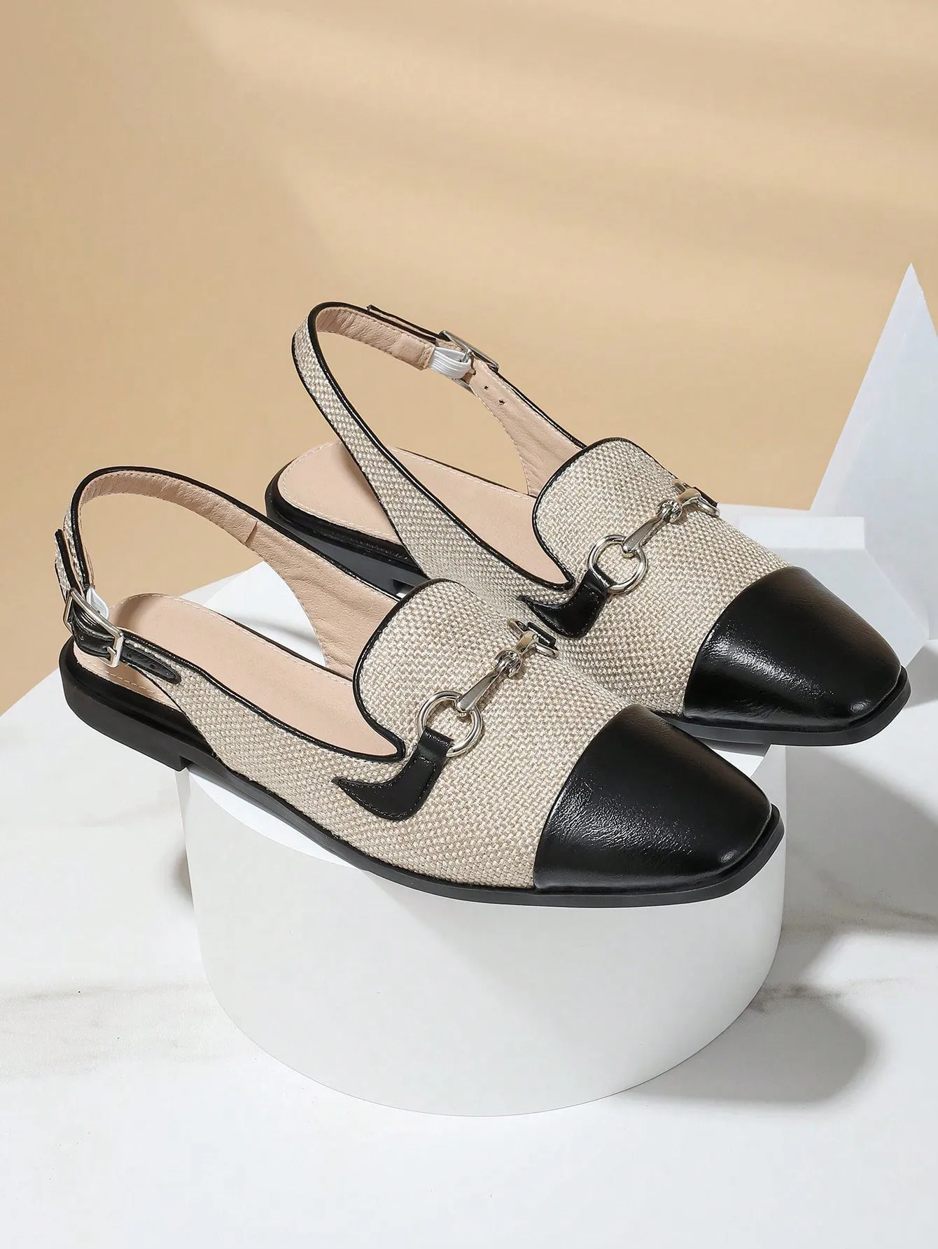Fashion Apricot Flats For Women, Metal Decor Linen Slingback Flats