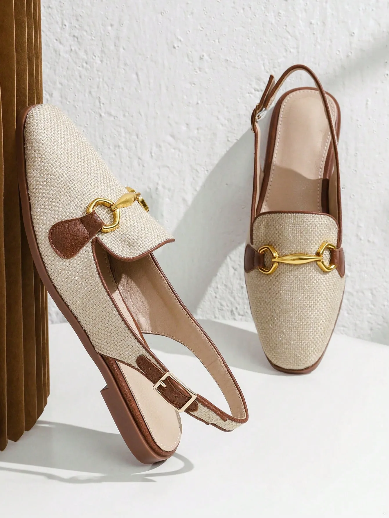 Fashion Apricot Flats For Women, Metal Decor Linen Slingback Flats