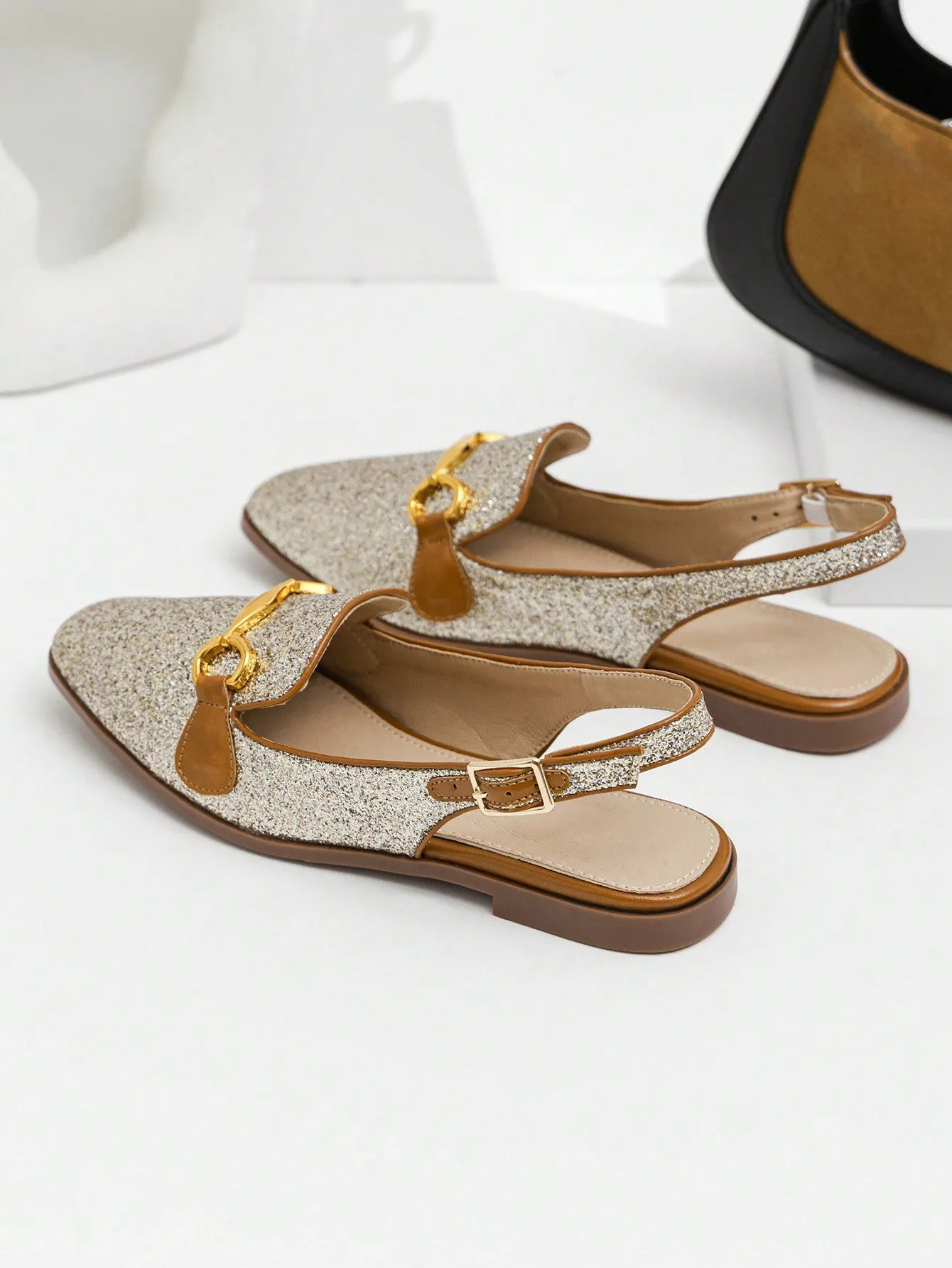 Fashion Apricot Flats For Women, Metal Decor Linen Slingback Flats