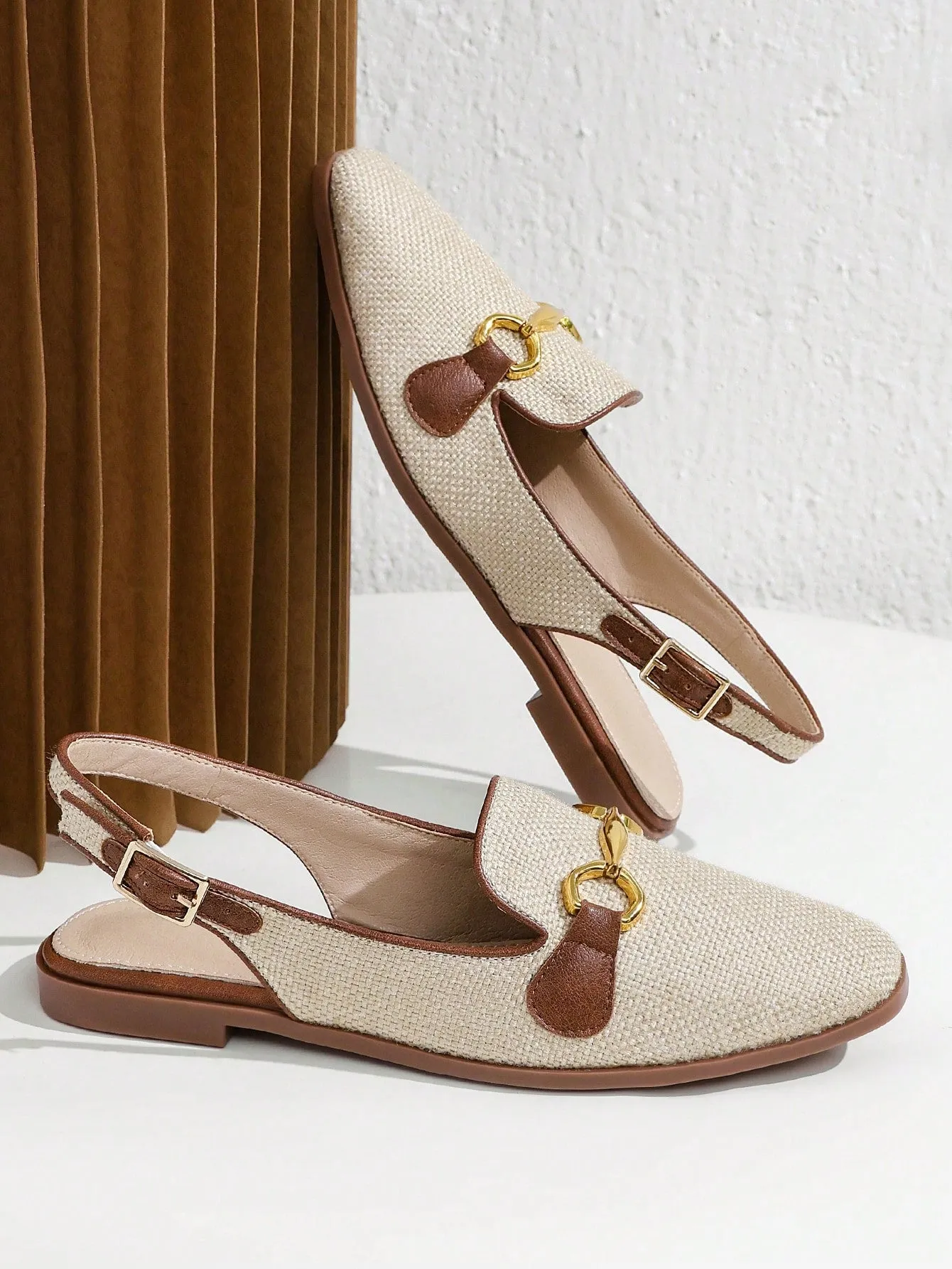 Fashion Apricot Flats For Women, Metal Decor Linen Slingback Flats