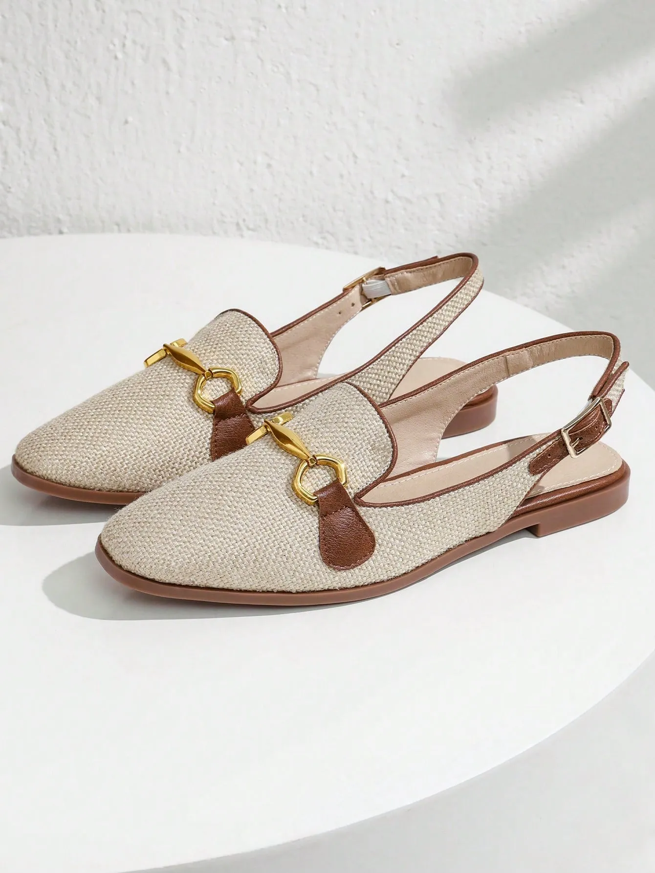 Fashion Apricot Flats For Women, Metal Decor Linen Slingback Flats