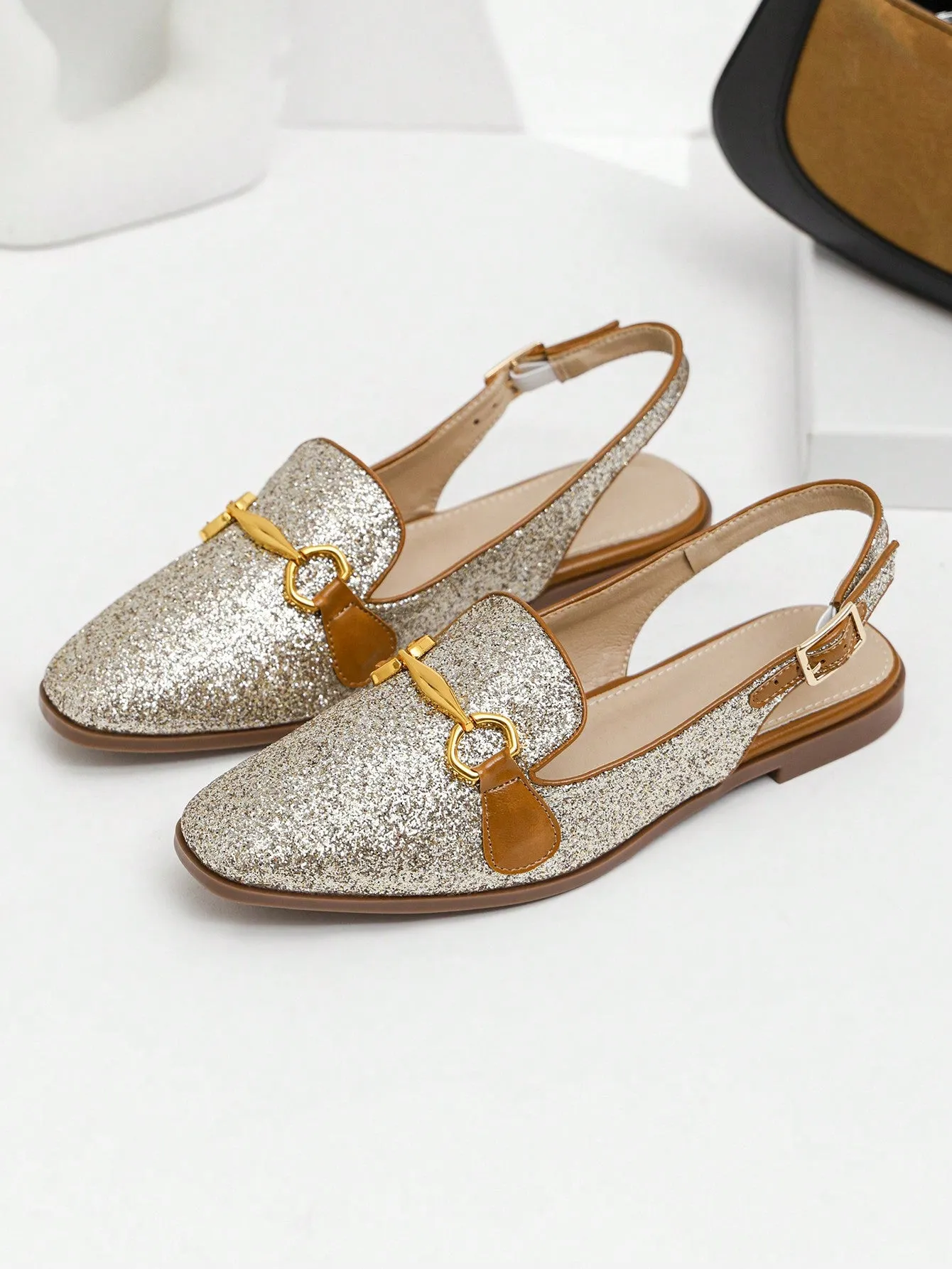 Fashion Apricot Flats For Women, Metal Decor Linen Slingback Flats