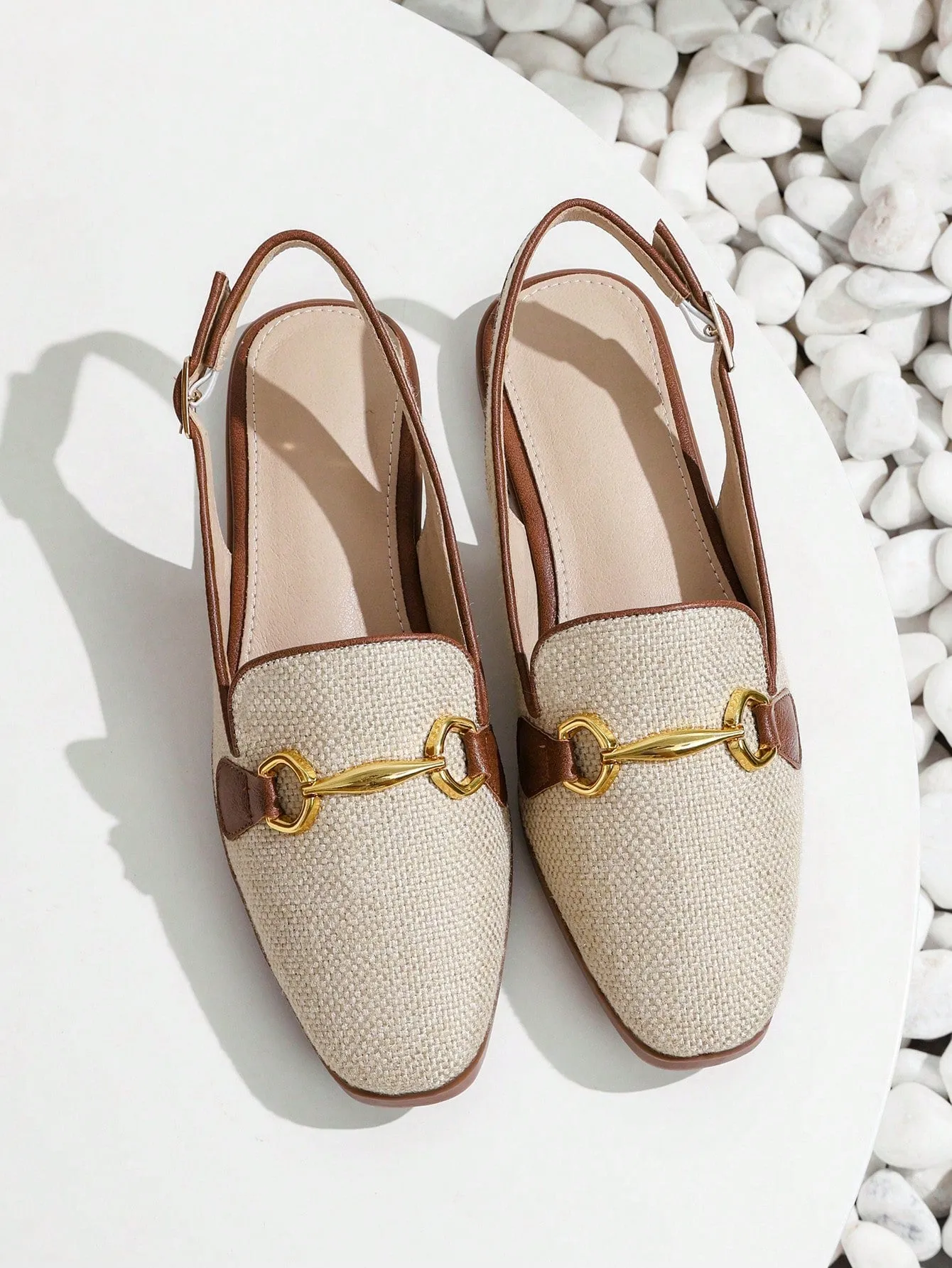 Fashion Apricot Flats For Women, Metal Decor Linen Slingback Flats