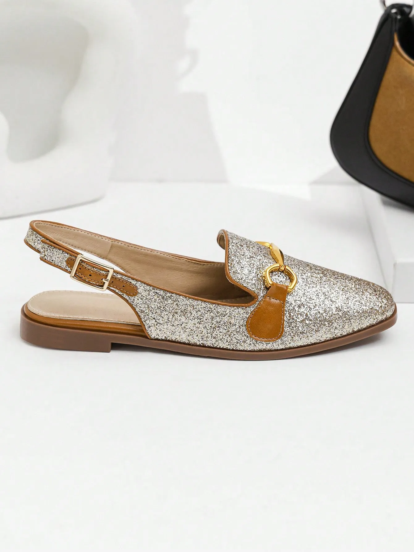 Fashion Apricot Flats For Women, Metal Decor Linen Slingback Flats