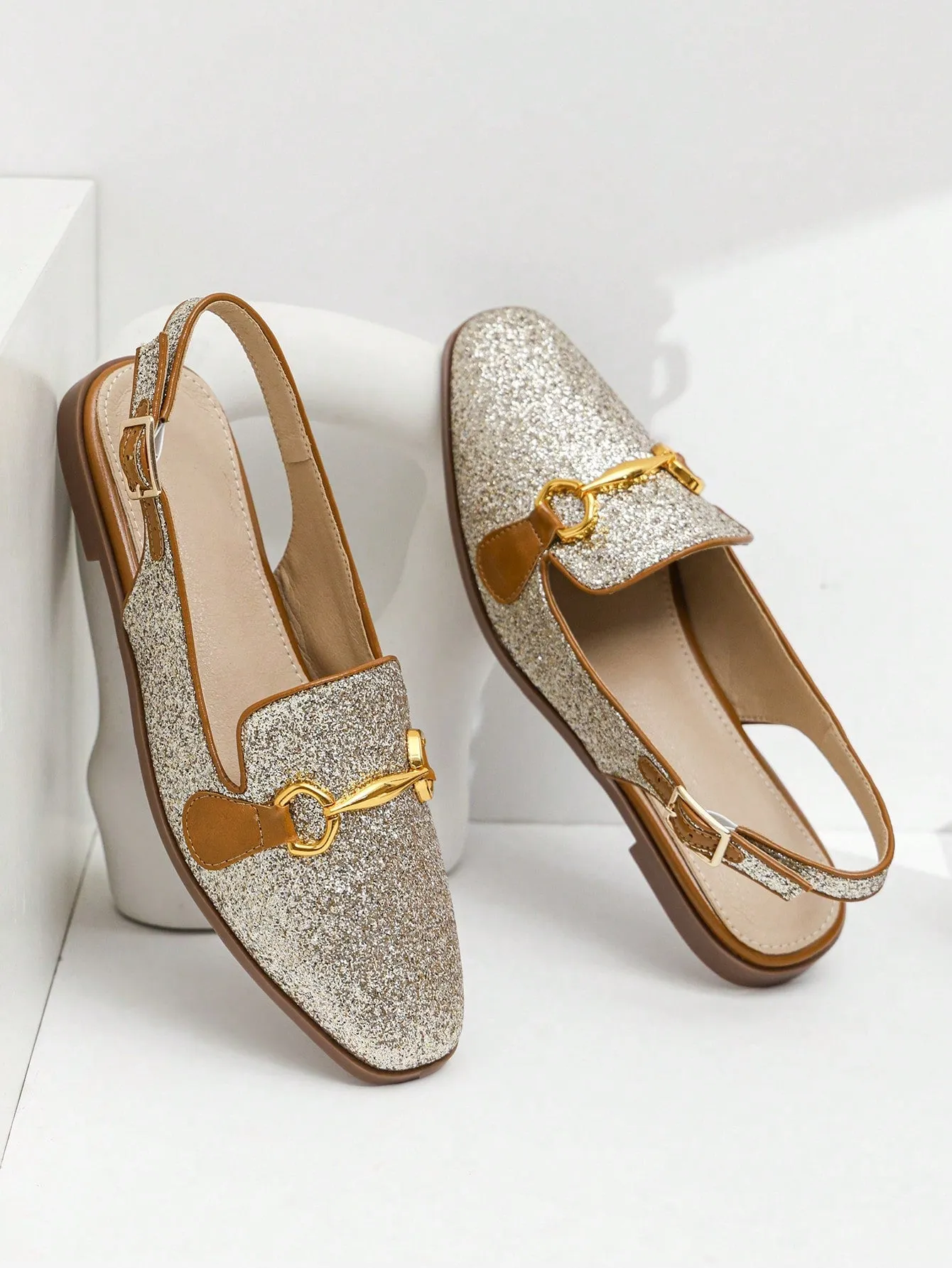 Fashion Apricot Flats For Women, Metal Decor Linen Slingback Flats