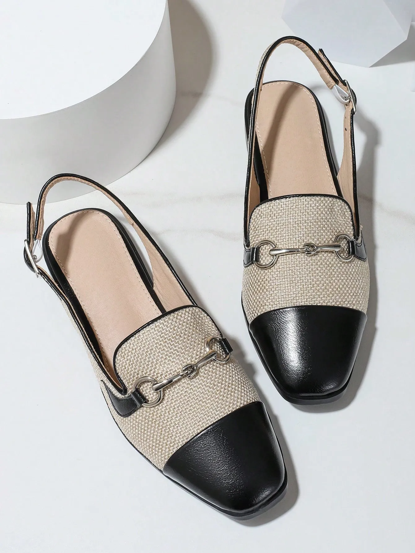 Fashion Apricot Flats For Women, Metal Decor Linen Slingback Flats
