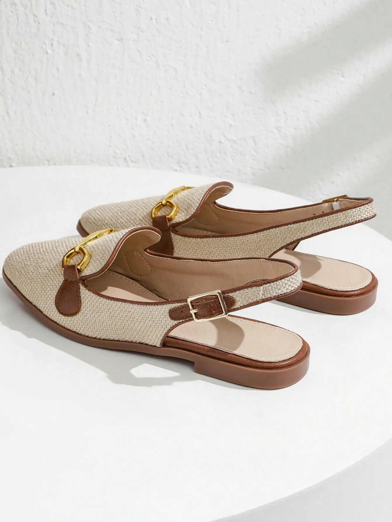 Fashion Apricot Flats For Women, Metal Decor Linen Slingback Flats