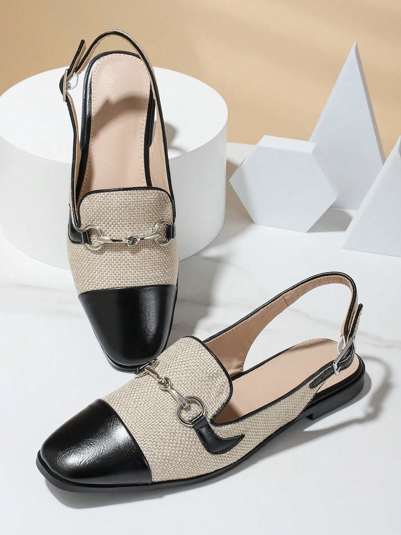 Fashion Apricot Flats For Women, Metal Decor Linen Slingback Flats