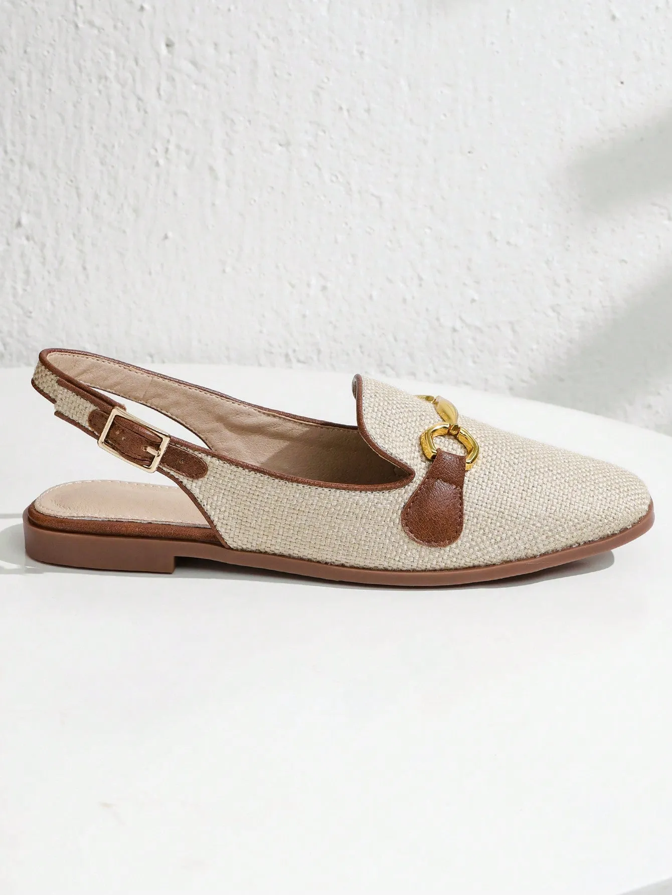 Fashion Apricot Flats For Women, Metal Decor Linen Slingback Flats