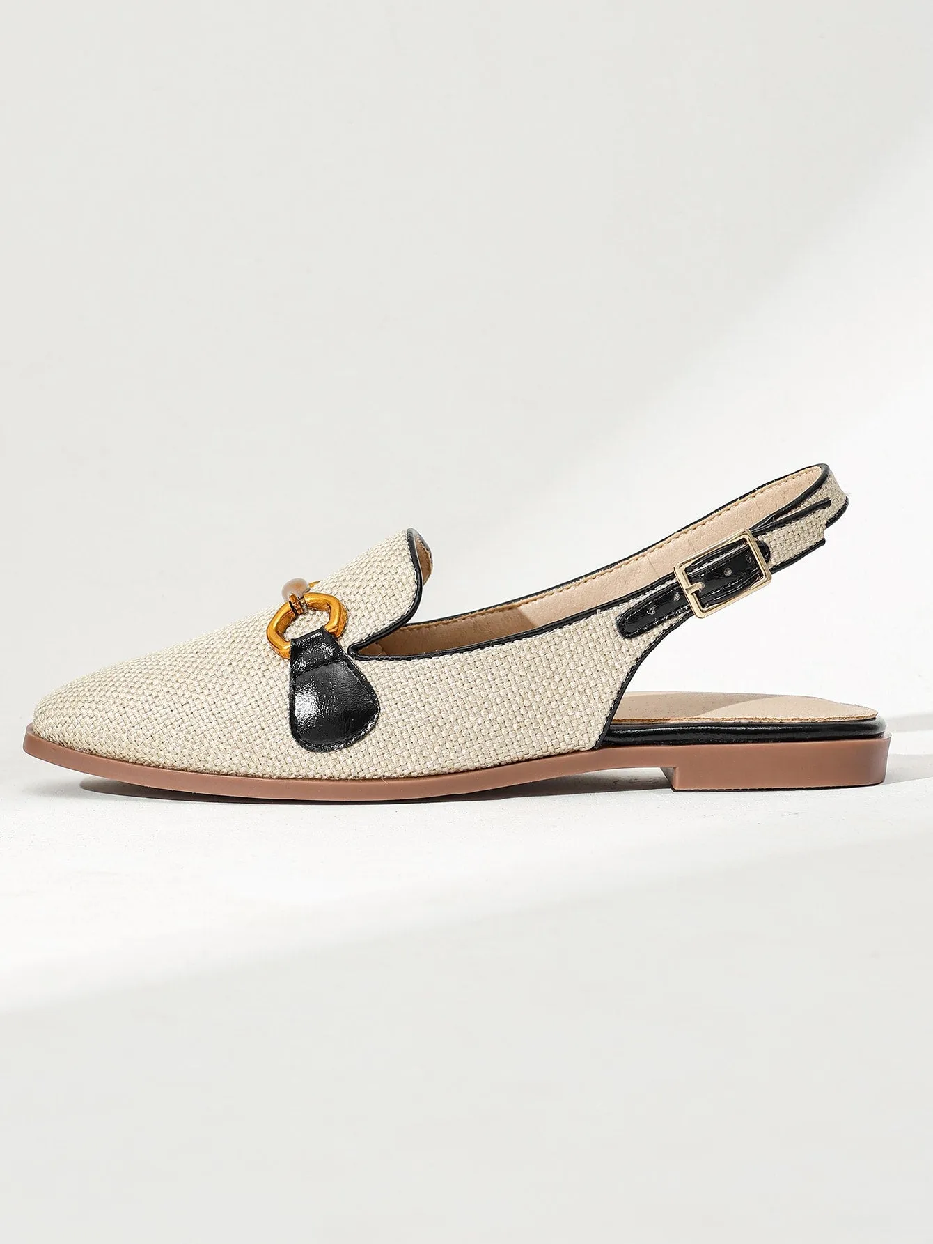 Fashion Apricot Flats For Women, Metal Decor Linen Slingback Flats