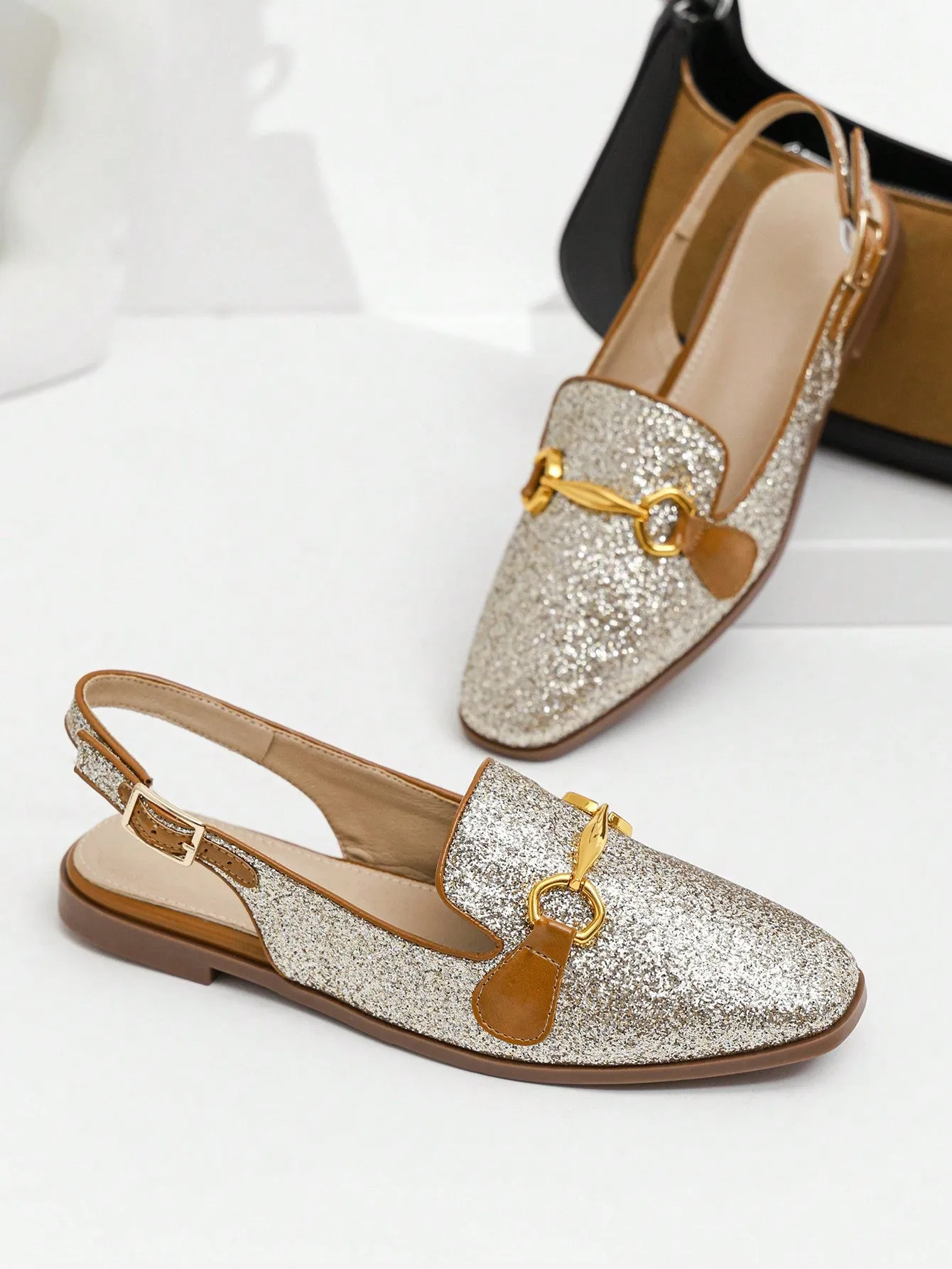 Fashion Apricot Flats For Women, Metal Decor Linen Slingback Flats