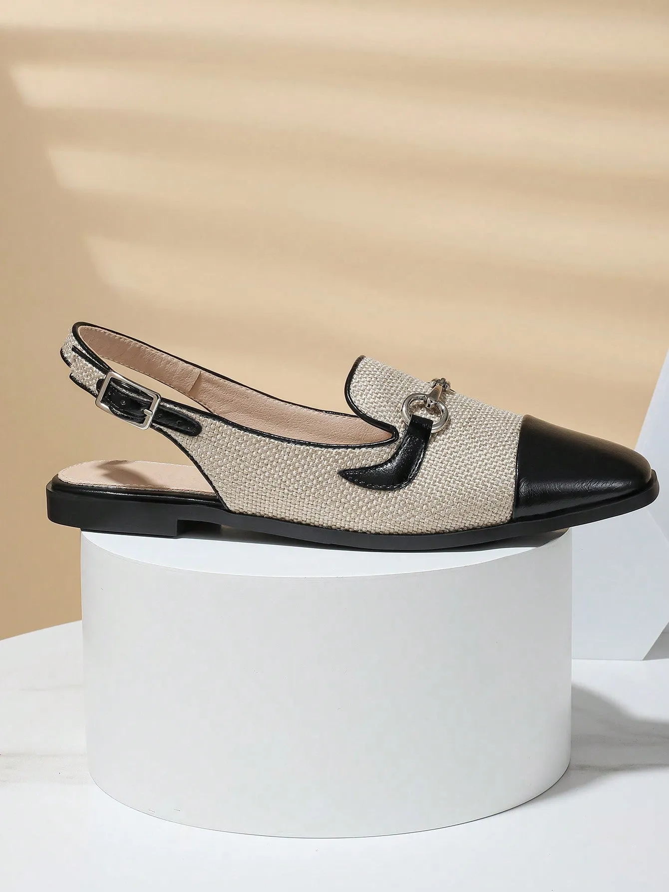 Fashion Apricot Flats For Women, Metal Decor Linen Slingback Flats