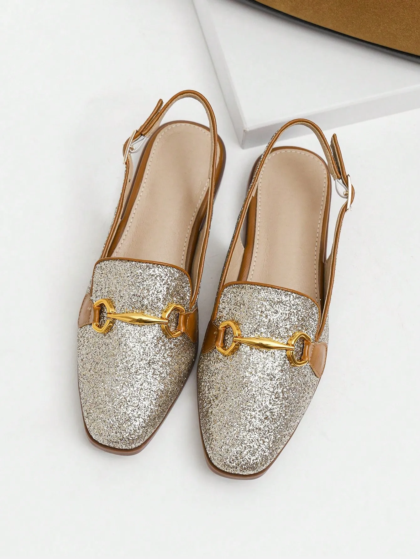 Fashion Apricot Flats For Women, Metal Decor Linen Slingback Flats