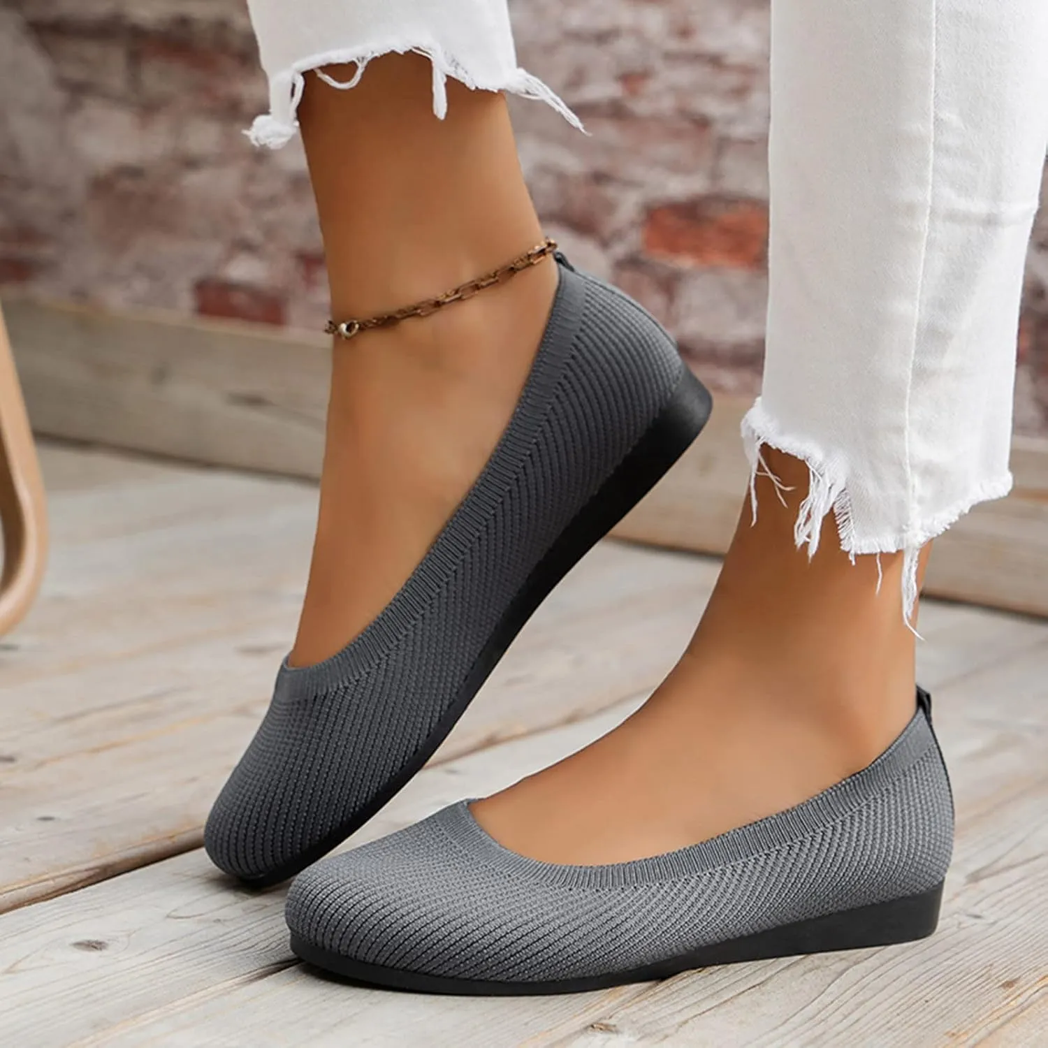 Ladies Fashion Solid Color Breathable Knitting Round Head Flat Comfortable Casual Single Shoes Cute Wedges Women Dressy