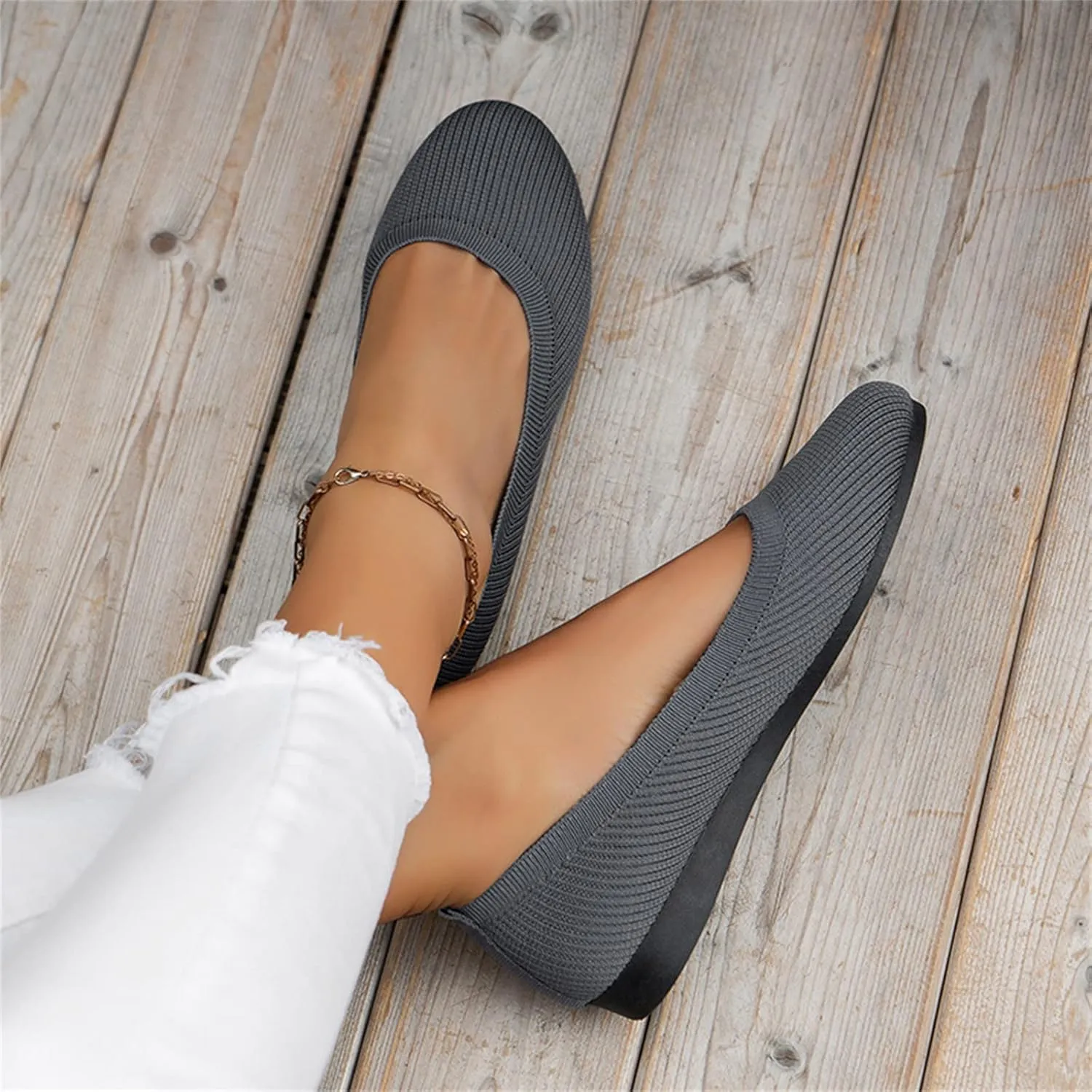 Ladies Fashion Solid Color Breathable Knitting Round Head Flat Comfortable Casual Single Shoes Cute Wedges Women Dressy