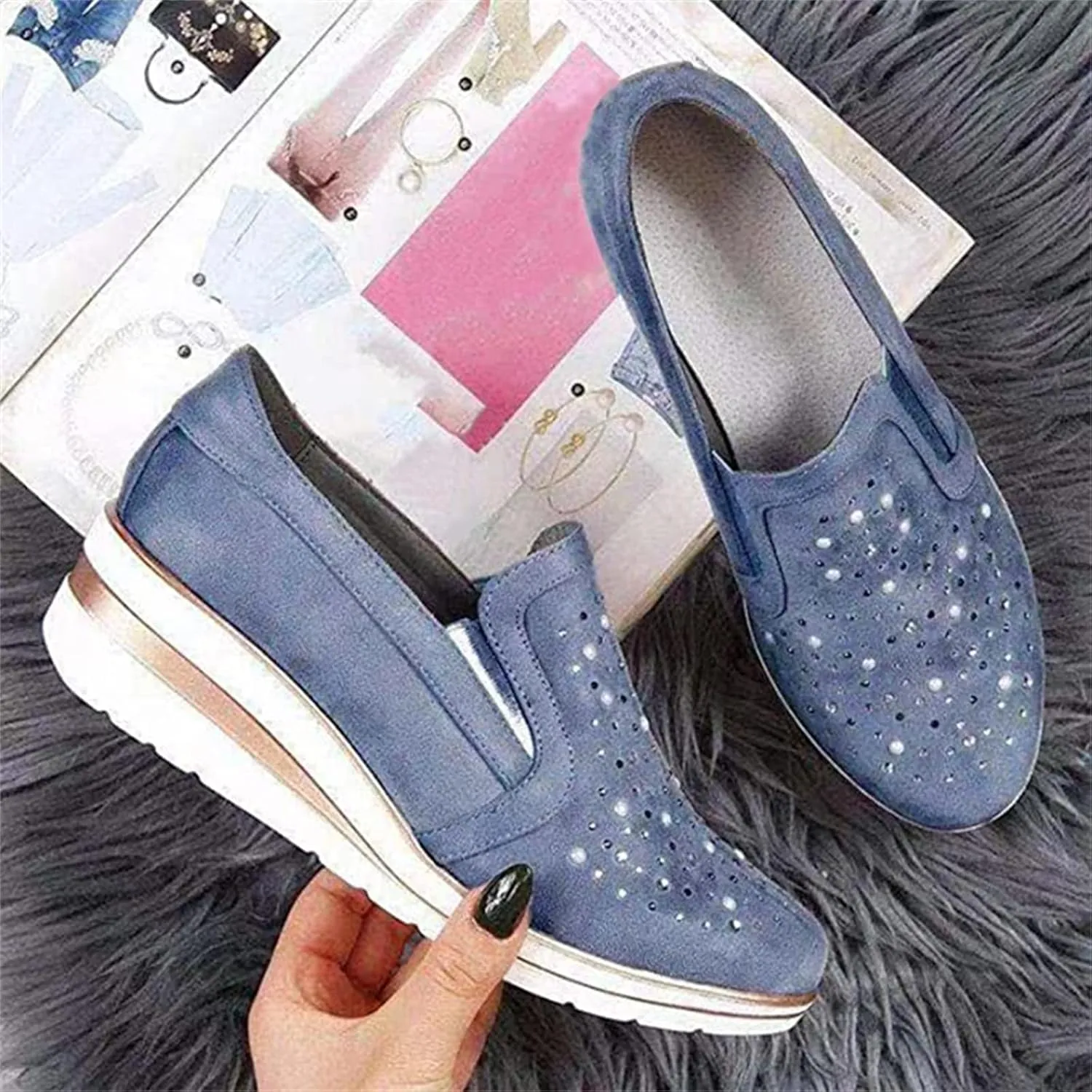 Ladmiple Shoes For Women Sneakers Trendy Fashion Slip on Walking Shoes Casual Summer Lace Low Platform Flats Loafers