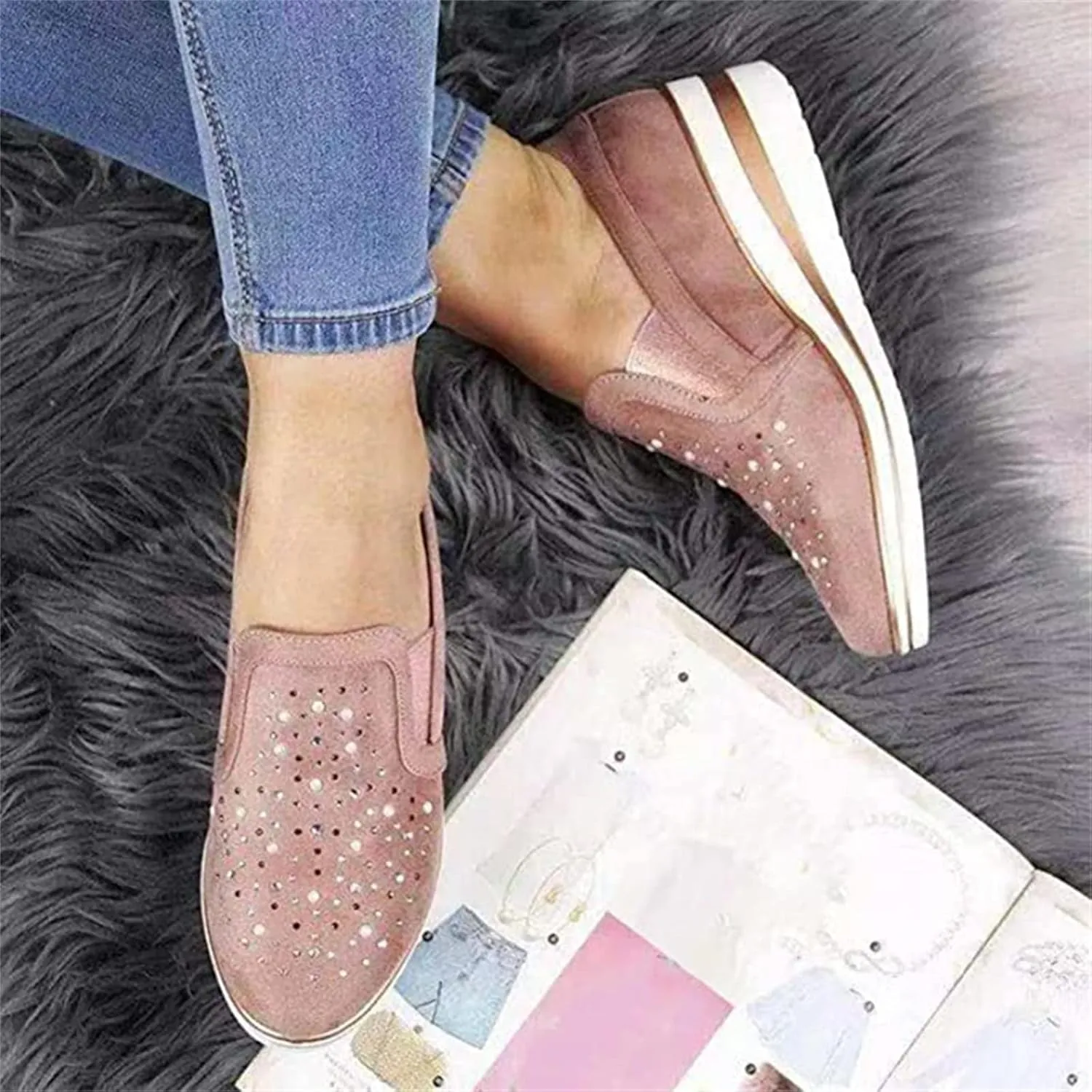 Ladmiple Shoes For Women Sneakers Trendy Fashion Slip on Walking Shoes Casual Summer Lace Low Platform Flats Loafers