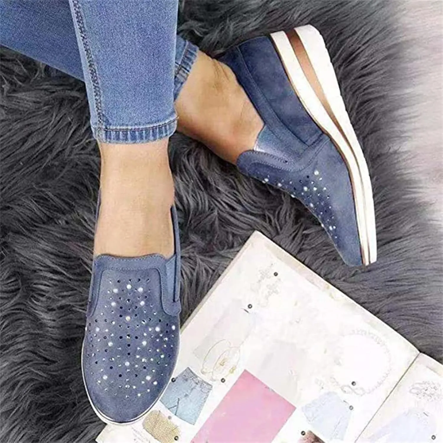Ladmiple Shoes For Women Sneakers Trendy Fashion Slip on Walking Shoes Casual Summer Lace Low Platform Flats Loafers