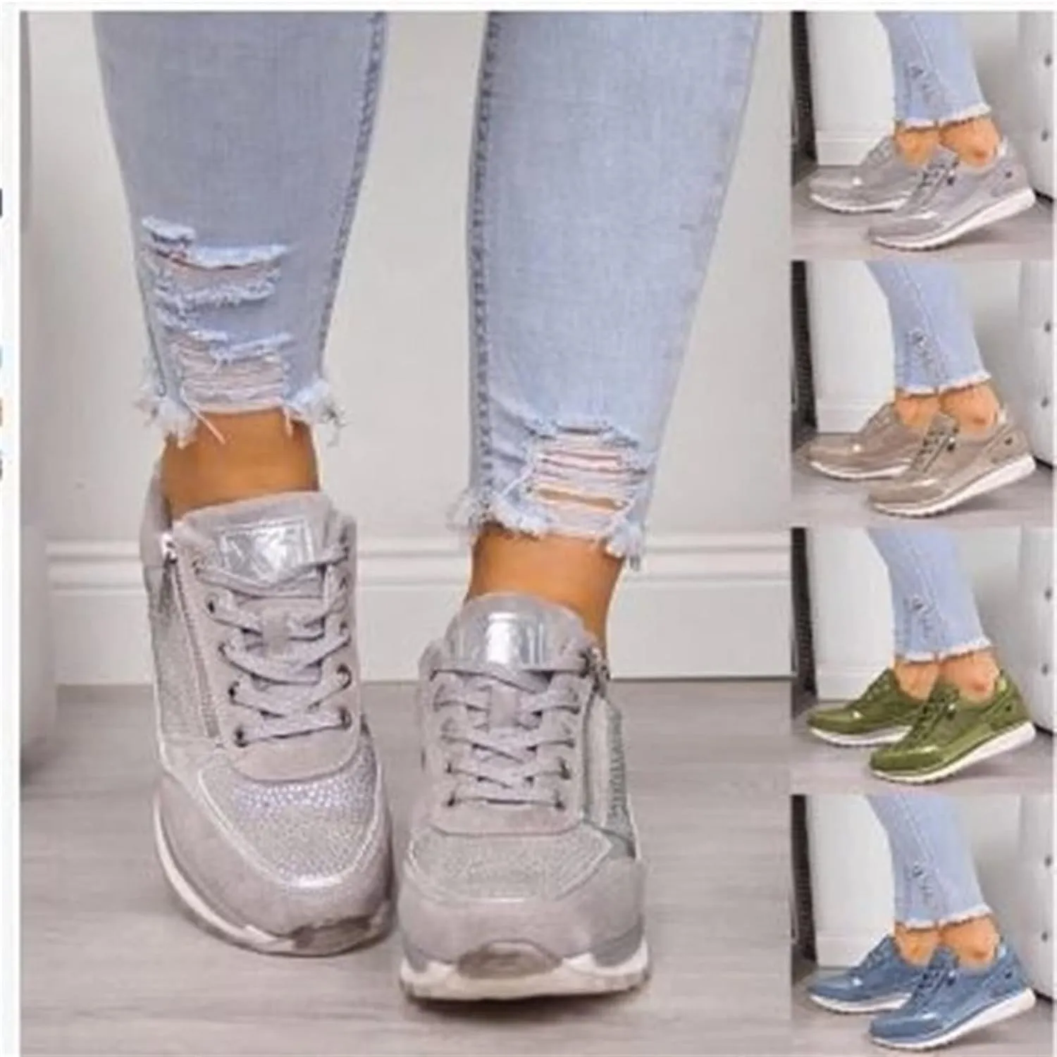 Ladmiple Sneakers For Women Slip On Wide Width Casual Leather Walking Shoes Dressy Casual Summer Lace Up Platform Loafer
