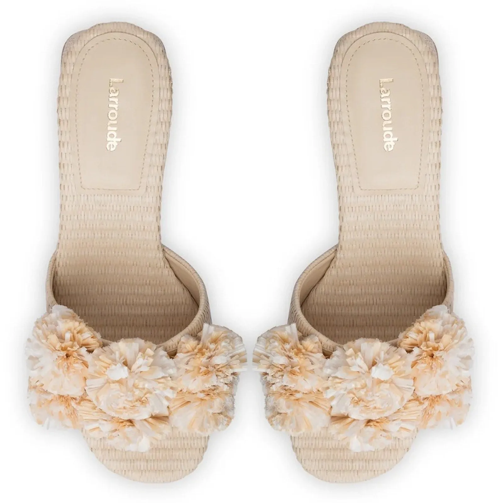 Larroudé Brigitte Wicker Natural Raffia Pom Block Heel Mules (W7)