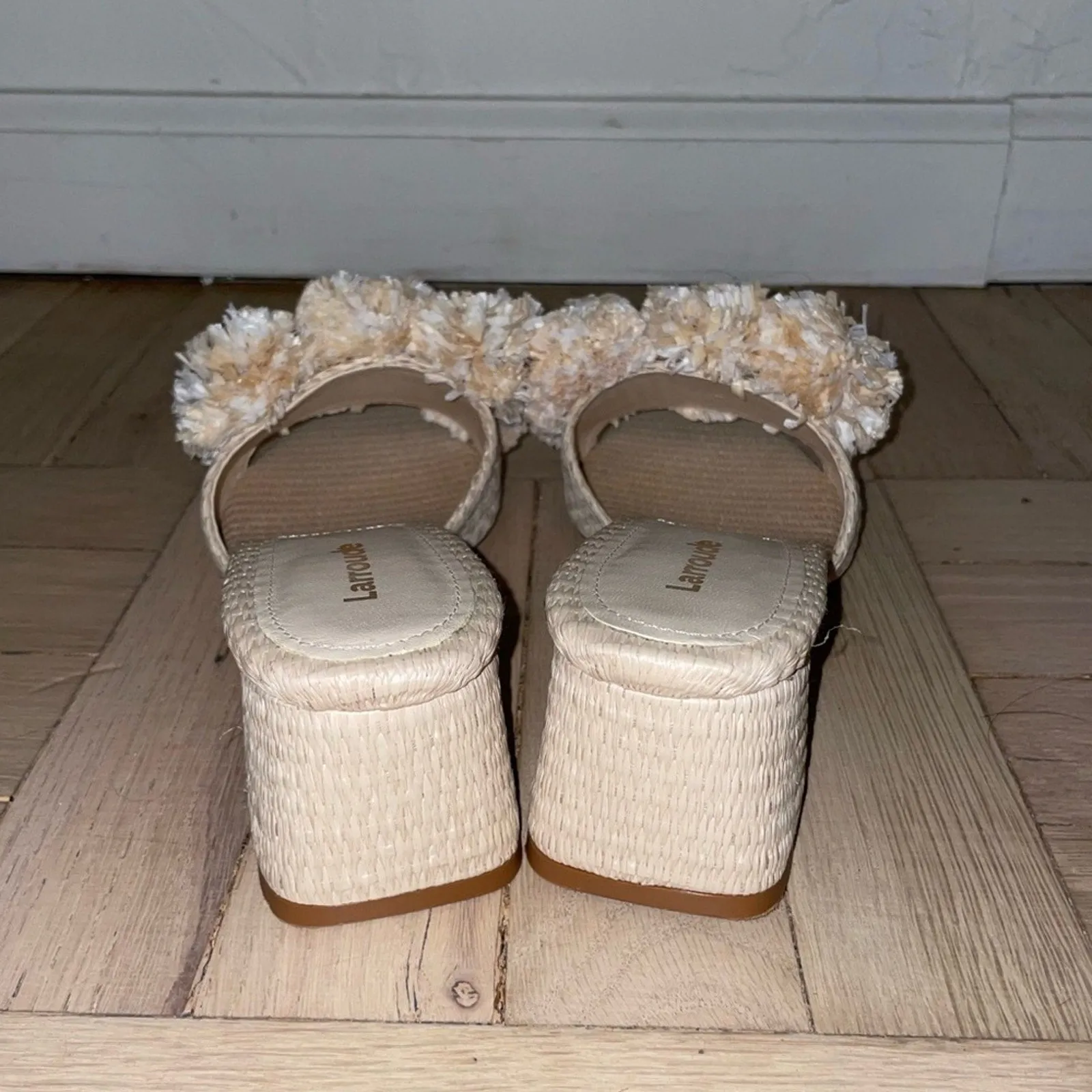 Larroudé Brigitte Wicker Natural Raffia Pom Block Heel Mules (W7)