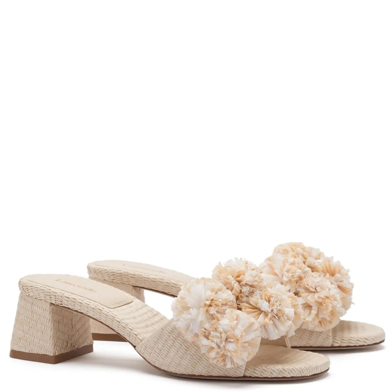 Larroudé Brigitte Wicker Natural Raffia Pom Block Heel Mules (W7)