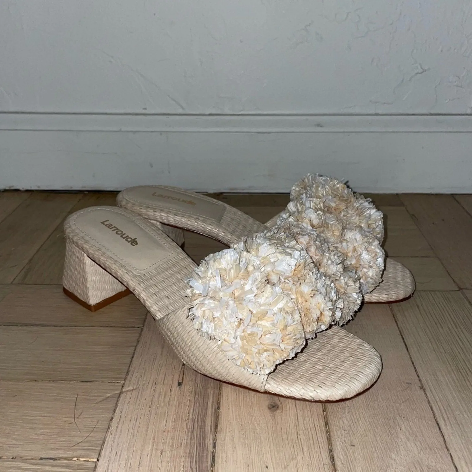 Larroudé Brigitte Wicker Natural Raffia Pom Block Heel Mules (W7)