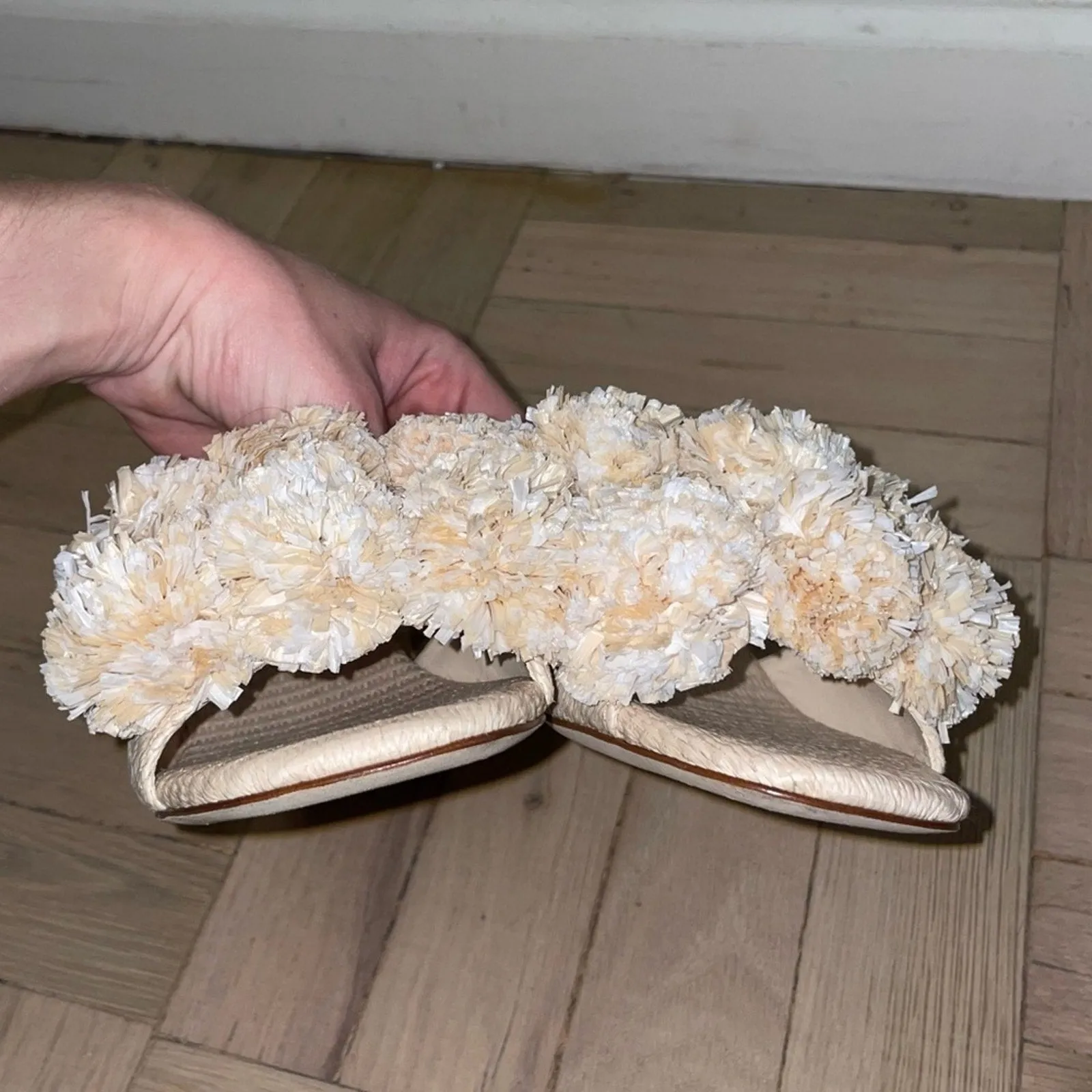 Larroudé Brigitte Wicker Natural Raffia Pom Block Heel Mules (W7)