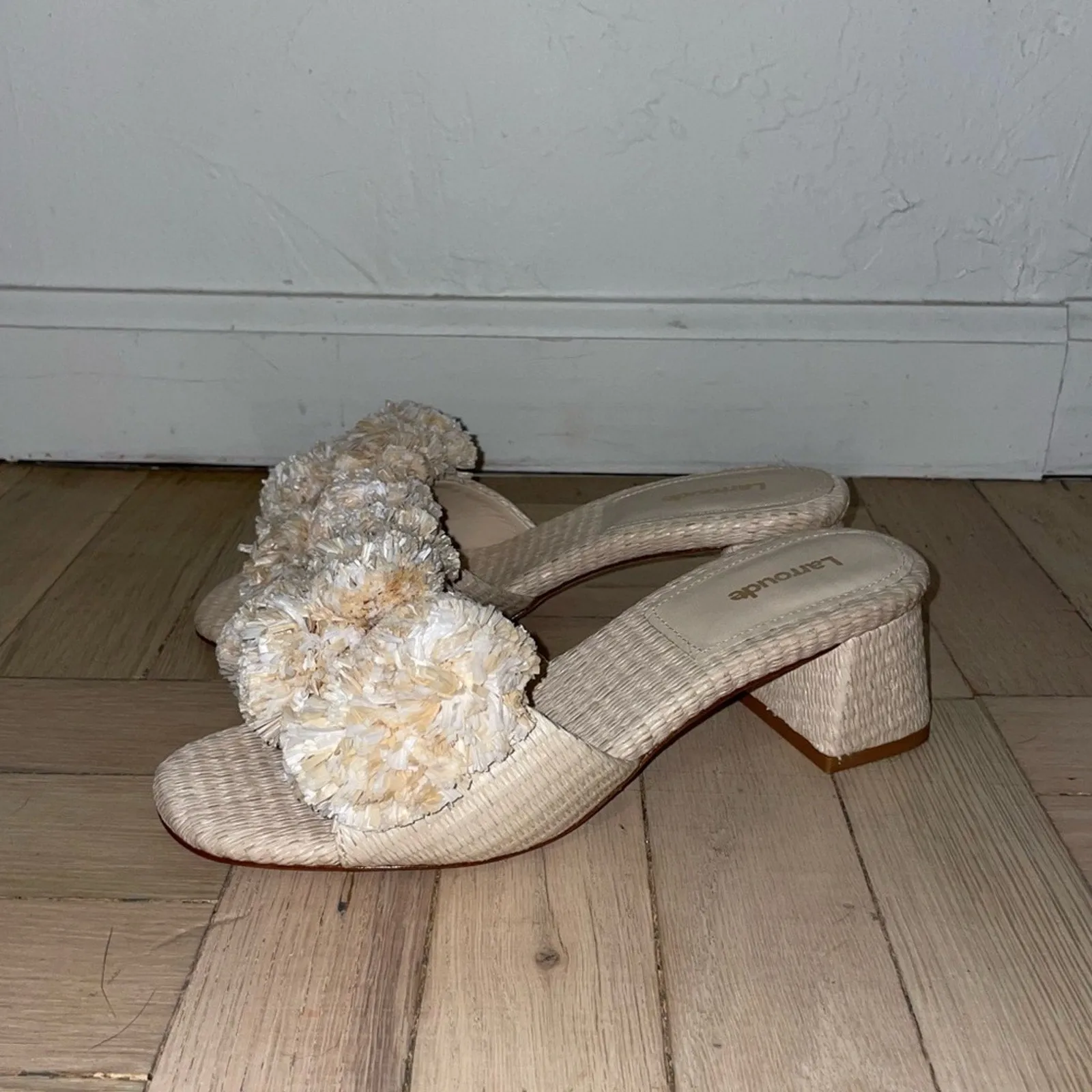 Larroudé Brigitte Wicker Natural Raffia Pom Block Heel Mules (W7)