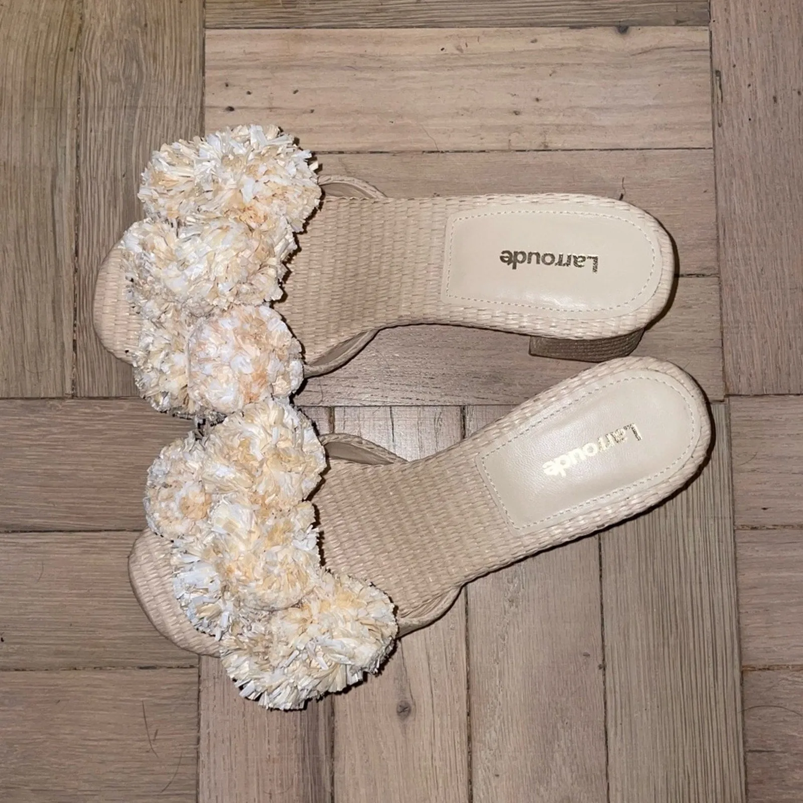 Larroudé Brigitte Wicker Natural Raffia Pom Block Heel Mules (W7)