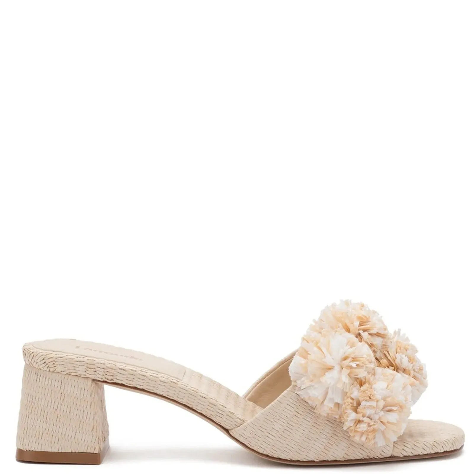 Larroudé Brigitte Wicker Natural Raffia Pom Block Heel Mules (W7)