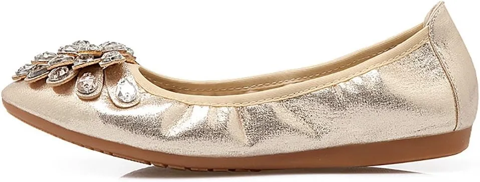 Meeshine Womens Foldable Soft Pointed Toe Ballet Flats Rhinestone Comfort Slip on Flat Shoes