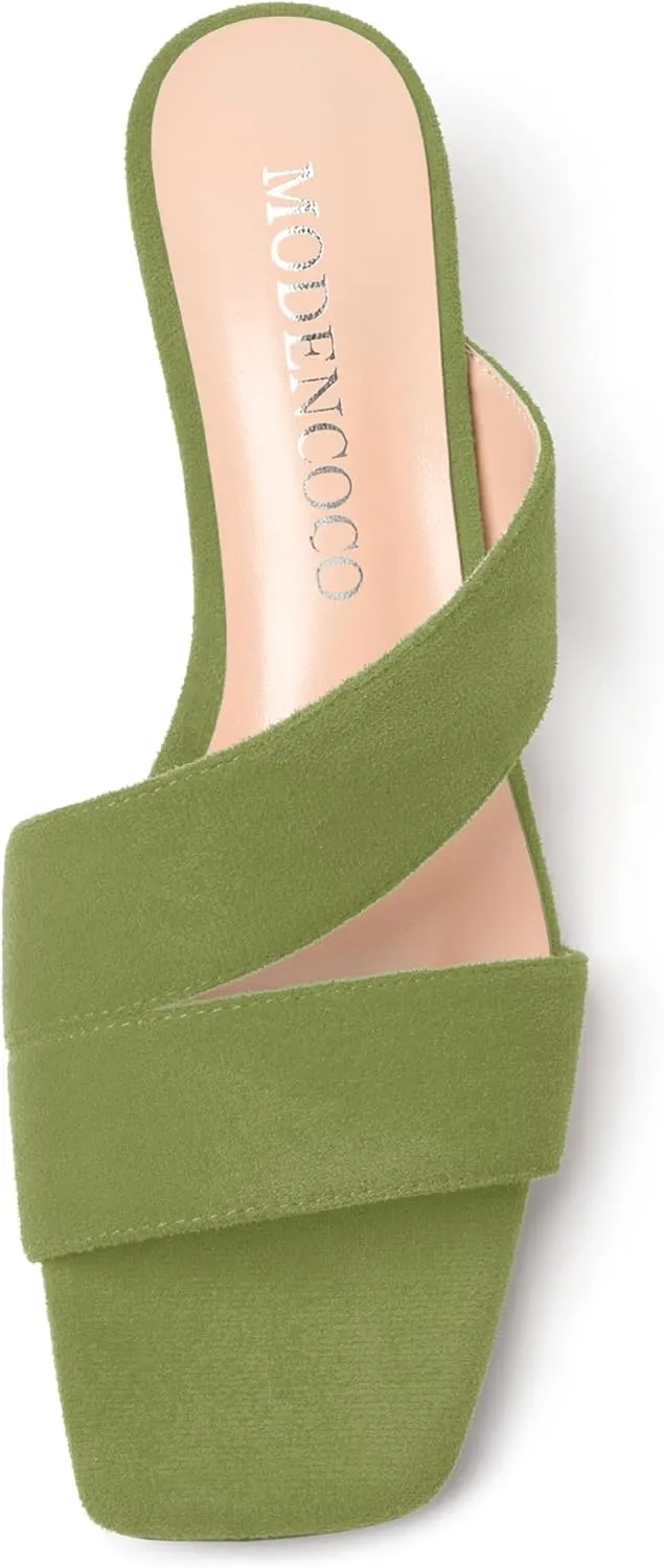 MODENCOCO Womens Open Toe Slip On Dating Fashion Suede Stylish Chunky Low Heel Heeled Sandals 2 Inch