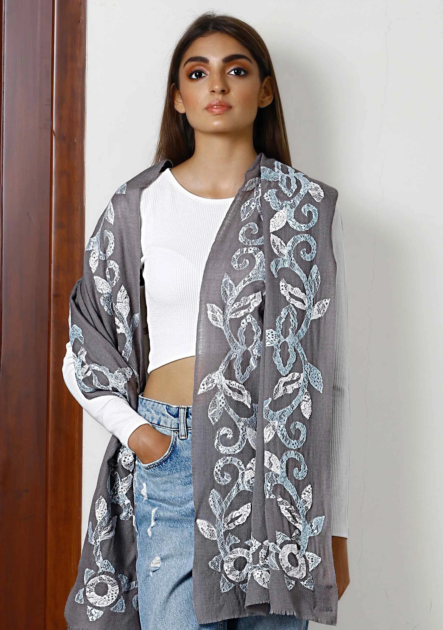 Mousse Cashmere Scarf with a Lt. Blue and Ivory Lace Applique
