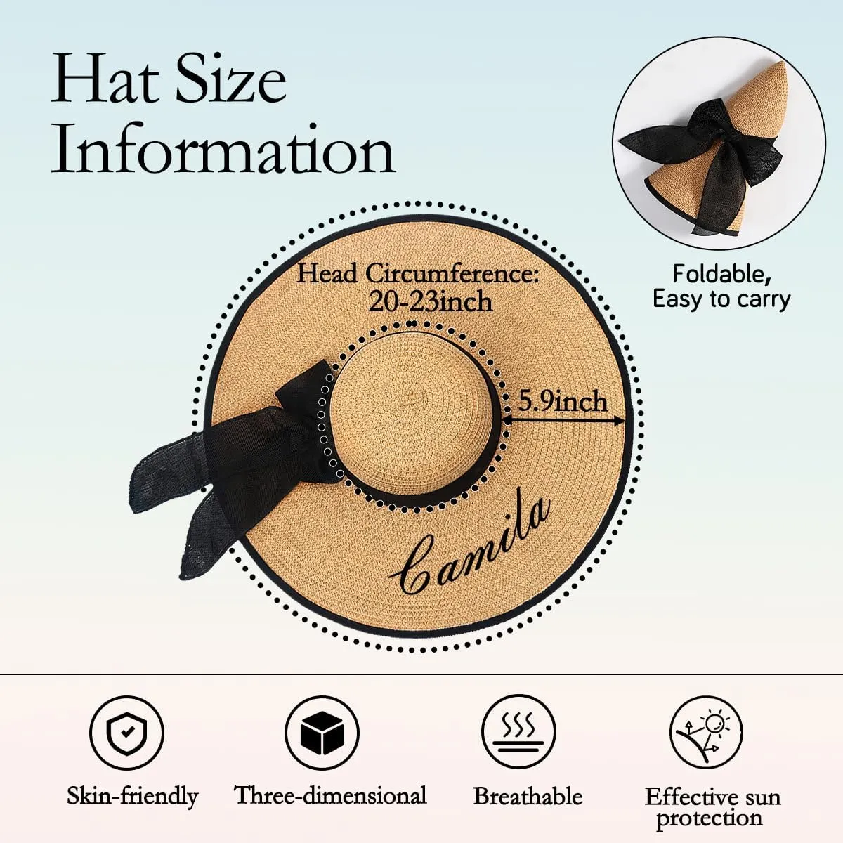Personalized Womens Straw Sun Hat,Custom Beach Hat with Embroidered Name,Floppy Foldable Summer Caps Wide Bride Hats